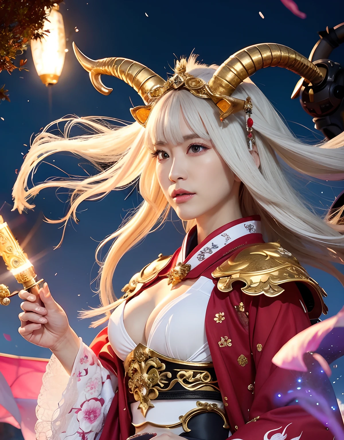 Professional , masterpiece、top-quality、photos realistic , depth of fields 、(White bikini armor)、(Mystical expression)、((Fight dragons)),(Wear a beautiful kimono),(Wear a beautiful kimono with colorful floral patterns)、Jewel Gold Weapon、Particles of light),Gorgeous gold weapons ,(( Gorgeous Dragon Sword)) , (Hold the Devil's Hand),,(maikurobikini) 、((White hair))、(Castle background)、(demonic wings)、((Gangle's forest background))、Beautiful Caucasian beauty、1a person、dynamic ungle,(((Two devil's horns on the head)))、Smaller head、Idle Smile、Thin and beautiful female hands、Mystical expression、Light Effects、intense fighting、Wind-effect、magic circles、With the legendary magic wand、Dragon's tail、