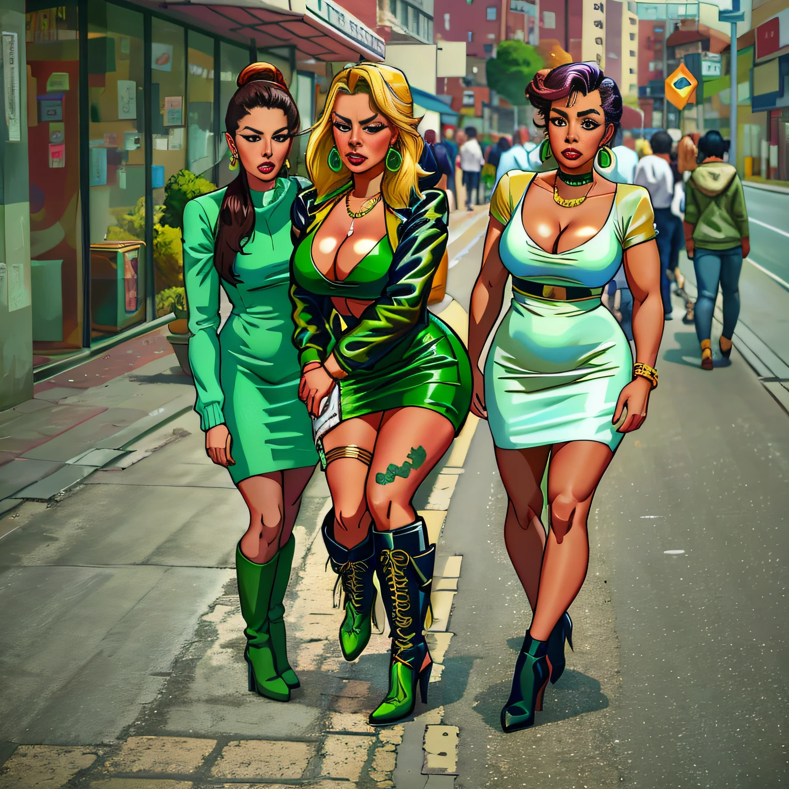 tanned Brazilian woman, Two girls, ganguro girl, Girlfriends, A full body shot, muscular legs, muscular calves, Strong legs, muscular hips, wide thighs, Curvy hips, high-heeled sandals, tights in a net, mid-thigh boots, short jumper dress, leather jacket, large ring earrings, He really wants to pee, Walk along the promenade, Talk to each other, Coming soon, wants to pee, desperately wants to pee, wants to urinate, Cross-legged, An expression of shame on his face, confusion, Desperation on the face, crying, holding on to his stomach, crumples the hem of the skirt with his hands, Knees clenched together, Clenched hips, An expression of shame on his face, confusion, bites his lower lip, full bladder, terribly wants to go to the toilet, anatomically correct, realisti, side glance