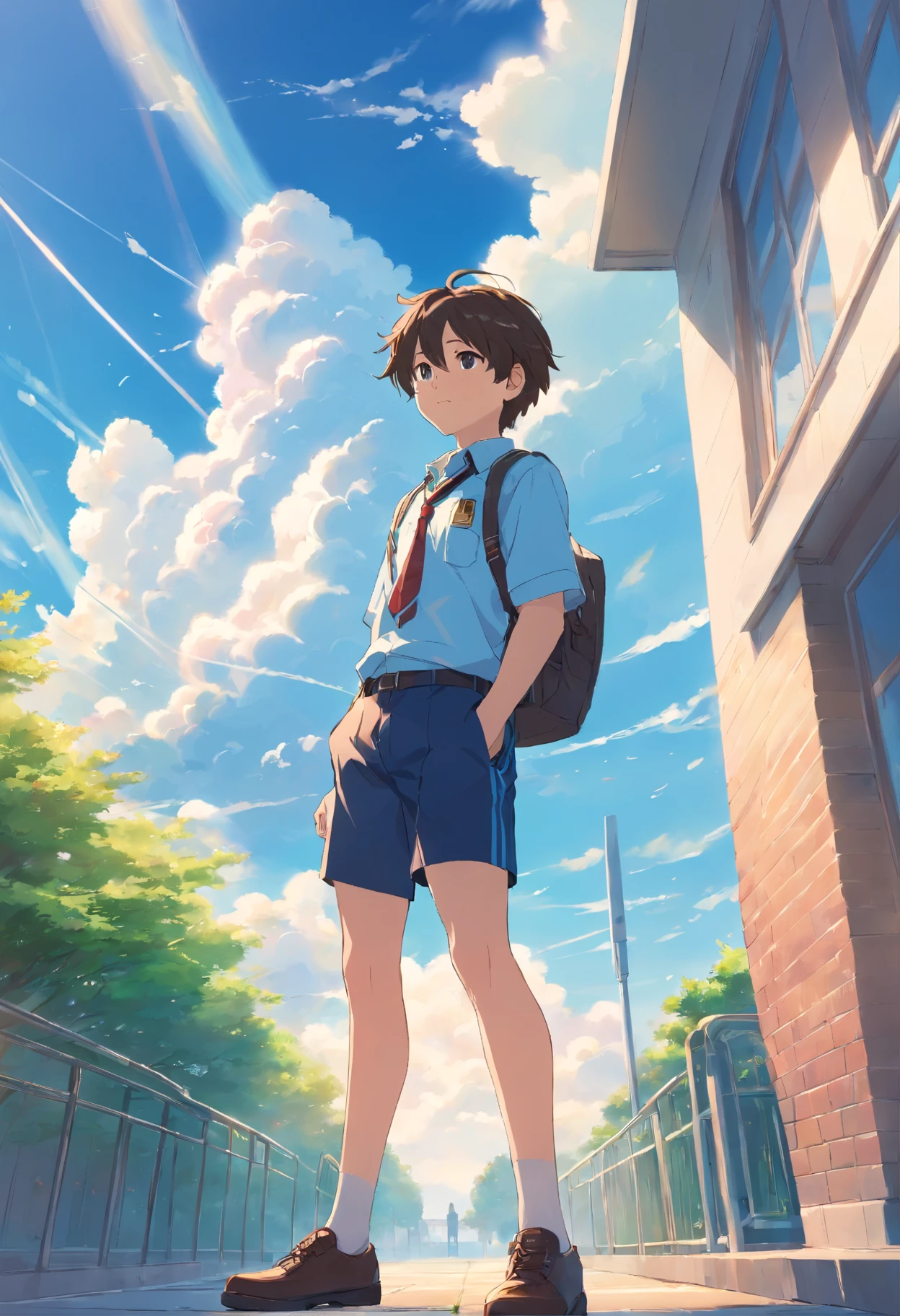 Man using shorts with uniform in school, with cloud, with blue sky, with beautiful sky