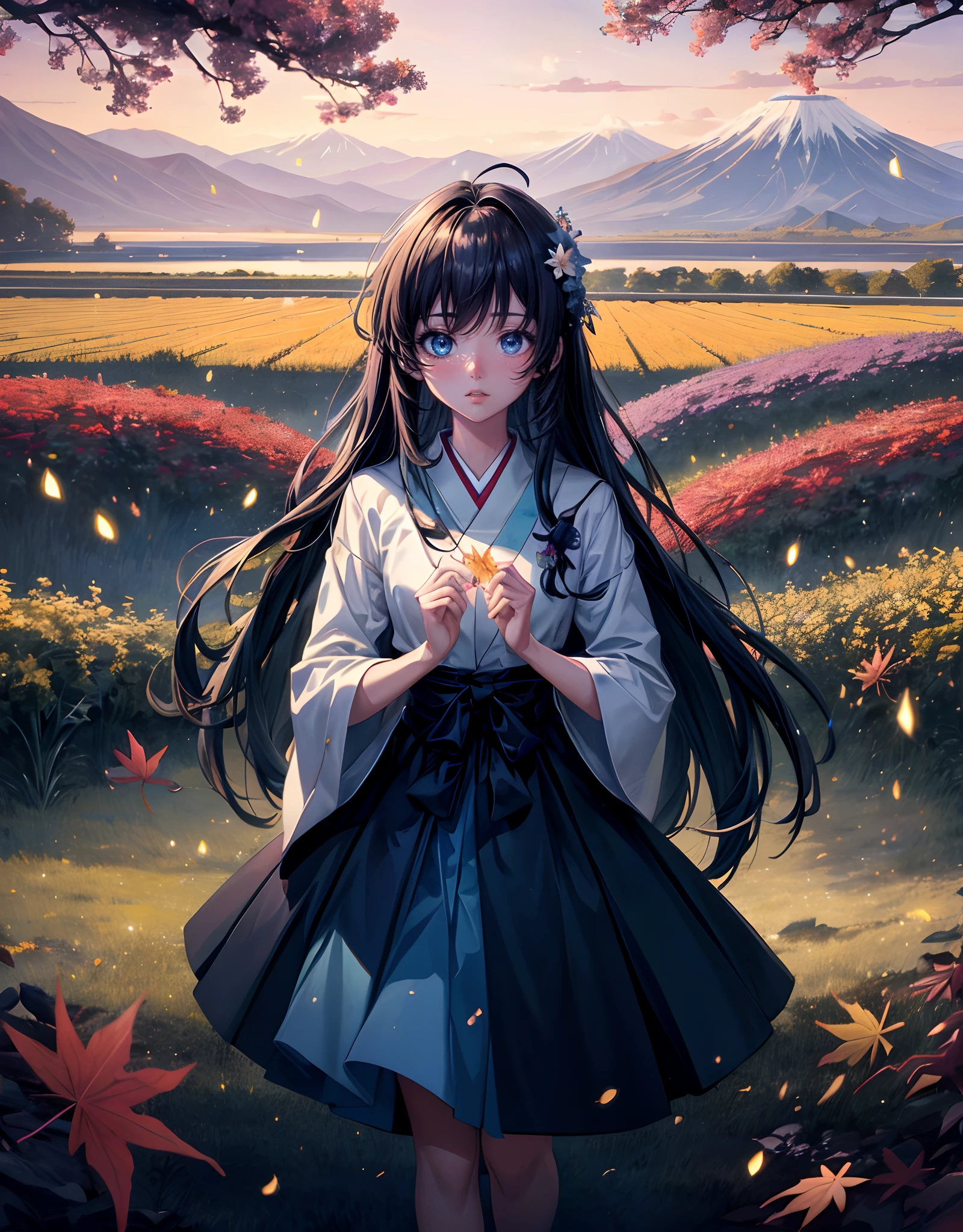 Night Landscape, Anime landscape flower field of glow flowers and lots of glow big particle around in tree, tree and standing back girl, falling down leaf, full of glow falling down leaf, fireflies, very many lots of fireflies, falling long down meteor, anime art wallpaper 4k, Top quality masterpiece, deep focus, macro shot, fliying fireflies, lots of blur cicle glow, falling leaf, falling leaf is a smooth glow light, anime, object, color combination masterpiece, dark blue morning, reflection, beautiful anime scene, japanese concept landscape art, volumetric lighting, bokeh, anime beautiful peace scene, pure lanscape, 4k beautiful anime, intricate, elegant, point of interest photography, perfect dark morning landscape anime (masterpiece, glow lighting, finely detailed beautiful lanscape), long hair, lots of hair, ray of light, rule of third photography, point of interest photography, perfect landscape color tone, Fog, saturation glow light, solid night sky, wonderful composition, the long cloth is a composition masterpiece, lighting masterpiece
