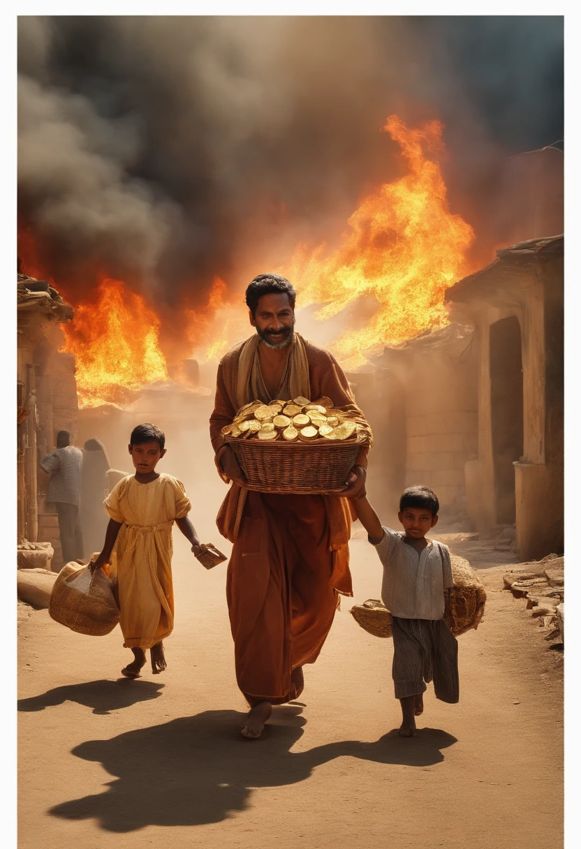 THE MAN CARRYING MONEY AND GOLD IN HIS HAND, AND THE CHILDREN CARRYING BOOKS AND BREAD WHEN ESCAPE FROM FIRE AND EARTHQUAKE