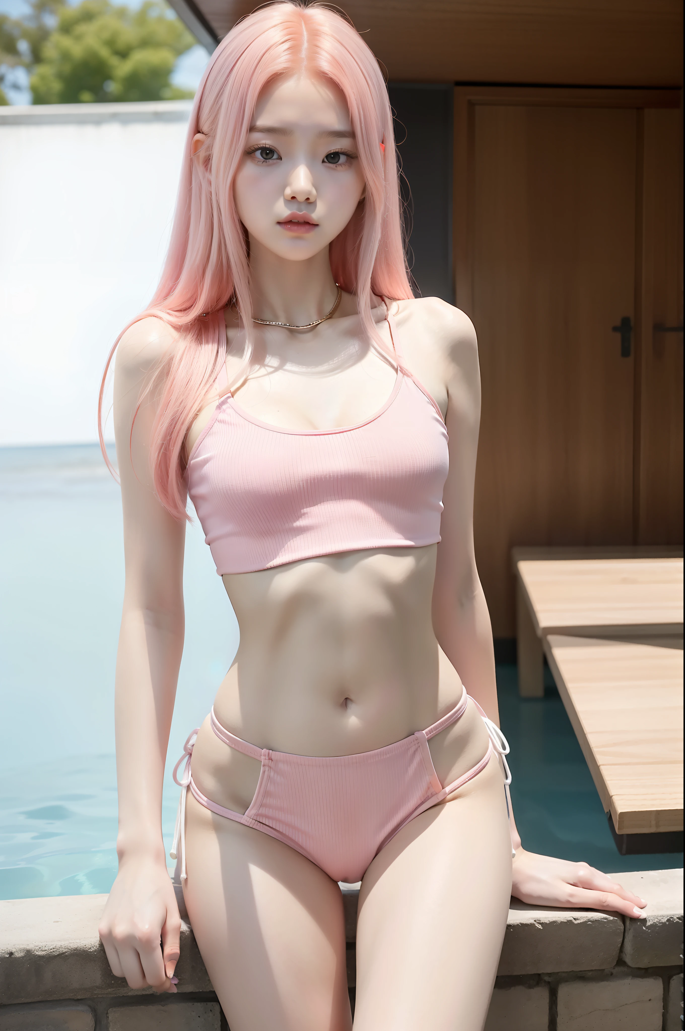 full body, kim chaewon in a bikini, 15yo, 15 years old korean petite young girl in a fantasy city, fantasy city, petite girl, small breast, petite figure, long pink hair, tight crop top shirt that expose midriff, tight white shorts, midriff exposed, small tits, ((thin-waist)), a small face