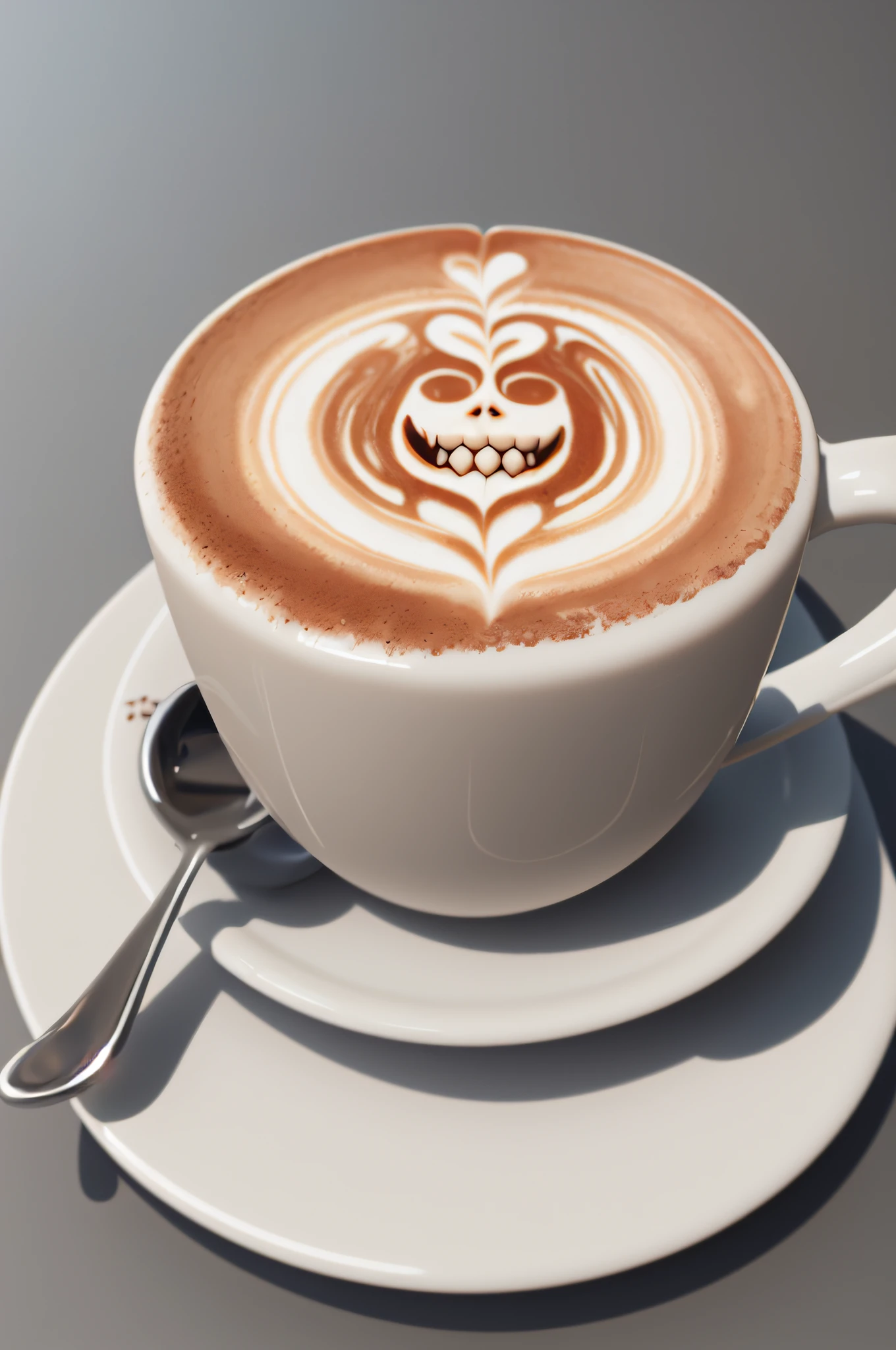 Cafe Latte, Latte art、1Latte cup of coffee (vampiric fangs from latte cream) Masterpiece, best quality, best details, realistic, 3D rendering