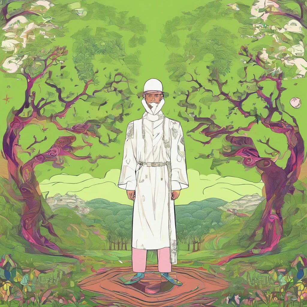 Araped man standing in front of a tree in a field, White clothes, Declan McKenna, in forest, In nature, inspired by Bian Shoumin, album art, Standing on a green tree, album cover!, Next to the tree, With tall trees, Lofi Portrait, With the tree, On a sunny day