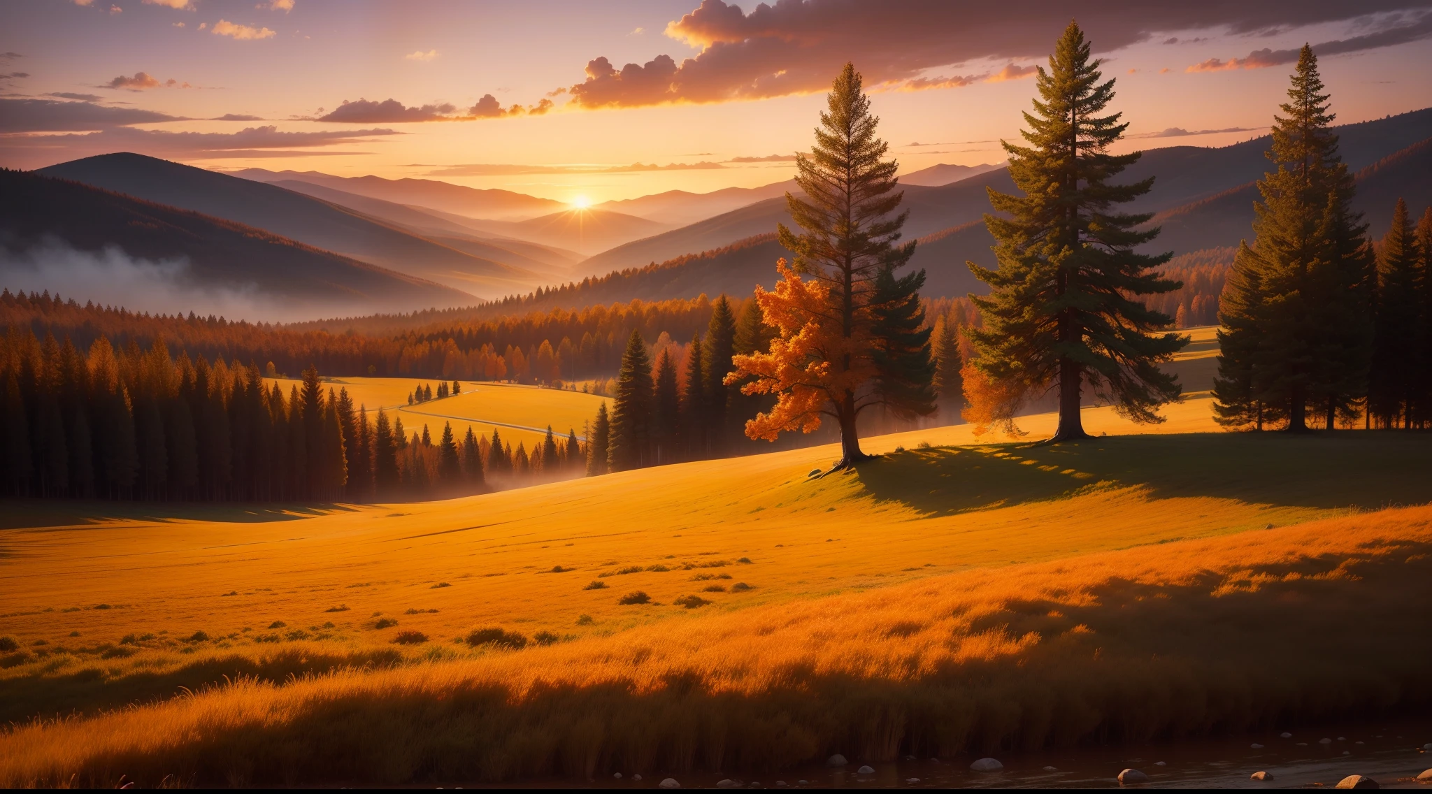 landscape, sunset, tree, meadow, autumn