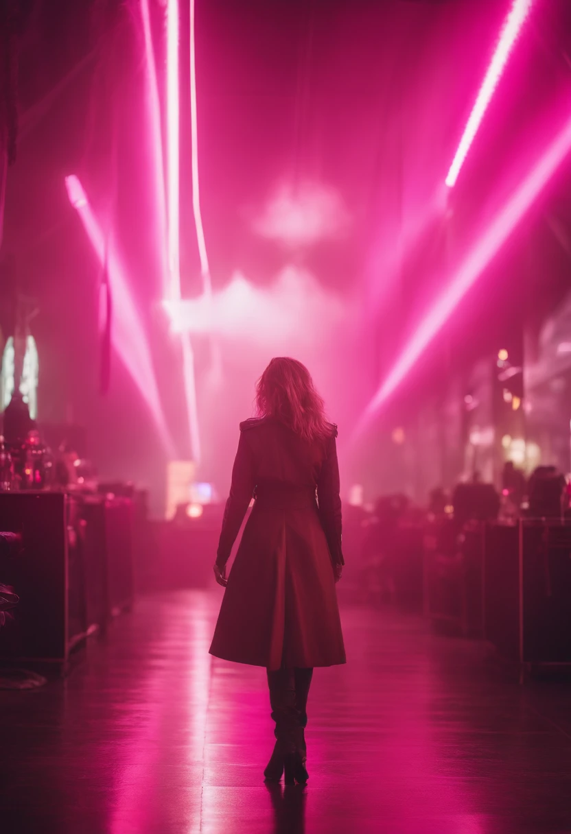 Cyberpunk, cabelo rosa, Futuristic, surreal, ultra-ampla, lente grande-angular, Olhando para cima, dynamic movement, Expressivo, vibrante, Sacred Cinematic Edges, holograma a laser
