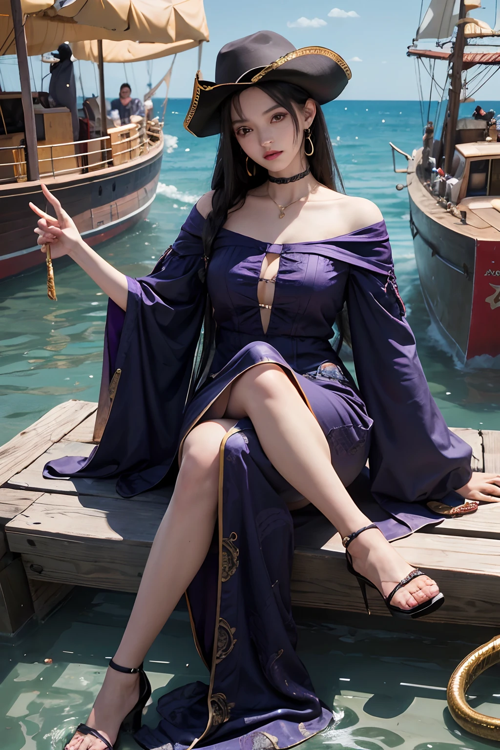 One Piece anime character，Boya Hancock，European face shape，Preserve character details，Wear thick gold snake earrings on your ears，Qi bangs long black hair，Wearing a long dress with purple dragon pattern slits，Wear red high heels on your feet，A large snake surrounded，Sea backgroun，pirate ships，ultra-realistic realism, shadowing, anaglyph, stereograms, angle of view, Atmospheric perspective, 8K, Super detail, ccurate, Best quality