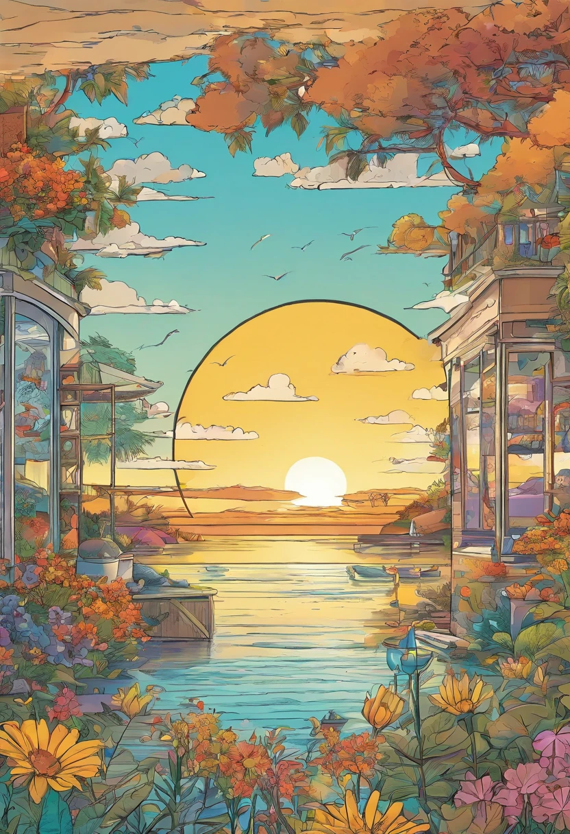 American comics, The comic story is presented in multiple irregular colored panels. American shorthair cats go through hardships when they run away from home,Then reunite with the host. The style is exaggerated and meticulous,afternoon sunshine,Have by the sea,