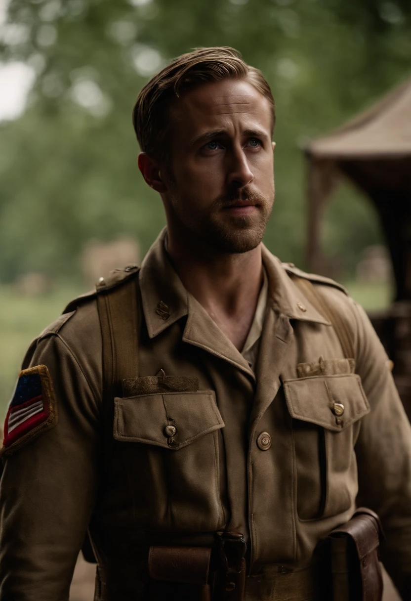 Ryan Gosling sem camisa,como um soldado americano, Post war. Apocalipse . Cinematic frame