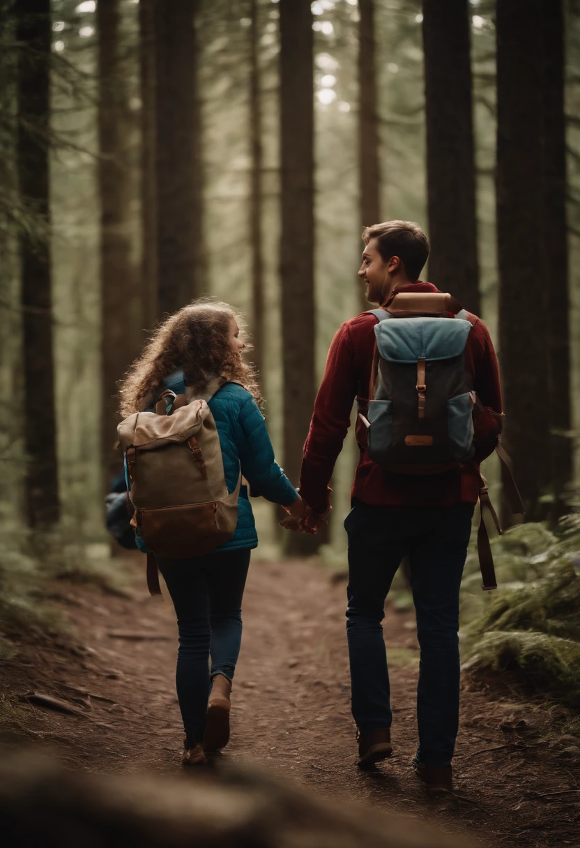 Family exploring, forest, backpacks, Time of Day: afternoon Camera: DSLR Lens: Standard zoom lens