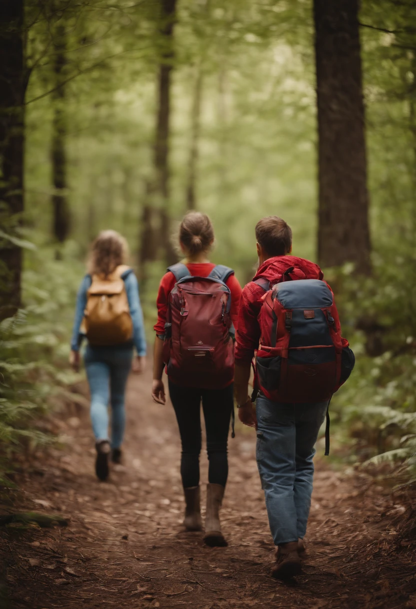 Family exploring, forest, backpacks, Time of Day: afternoon Camera: DSLR Lens: Standard zoom lens
