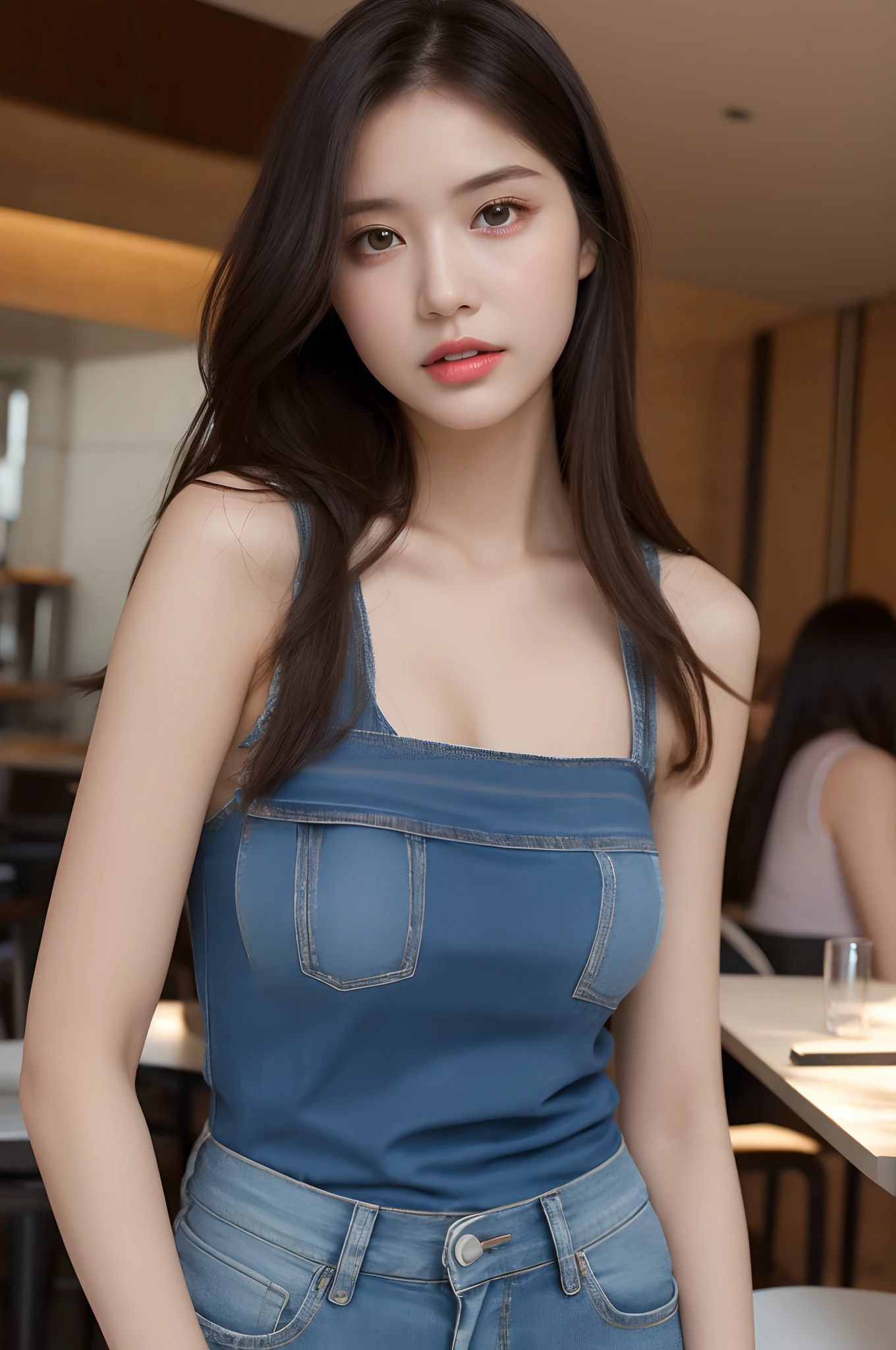 （realisticlying， hight resolution：1.3）， 1 girl with a perfect body， super fine face and eyes，Long whit hair， Tank top of random colors：1.2， Short jeans pants， in a cafe， Coffee on the table， Colossal tits，