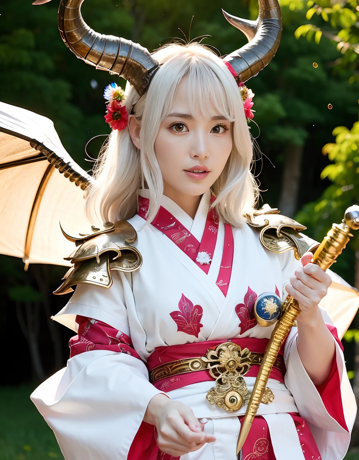Professional , ​masterpiece、top-quality、photos realistic , depth of fields 、（White bikini armor)、（Mystical expression）、（（Fight dragons））,(Wear a beautiful kimono),（Wear a beautiful kimono with colorful floral patterns）、Jewel Gold Weapon、Particles of light),Gorgeous gold weapons ,（（ Gorgeous Dragon Sword）） , （Hold the Devil's Hand）,,（maikurobikini） 、（（White hair））、（Castle background）、（demonic wings）、（（Gangle's forest background））、Beautiful Caucasian beauty、１a person、dynamic ungle,(((Two devil's horns on the head)))、Smaller head、Idle Smile、Thin and beautiful female hands、Mystical expression、Light Effects、intense fighting、Wind-effect、magic circles、With the legendary magic wand、Dragon's tail、