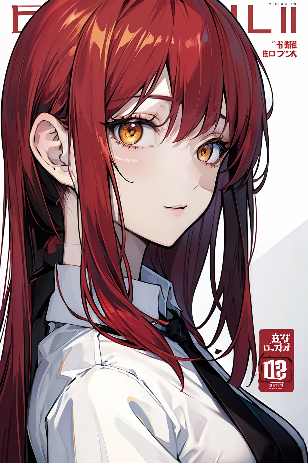 (masuter piece,Best Quality,Ultra-detailed), (A detailed face), portlate, (front-facing view), hight resolution, gazing at viewer, Makima, 1womanl, golden eye, sharp, Red hair, White shirt, Black tie, (magazine:1.3), (cover-style:1.3), a closeup