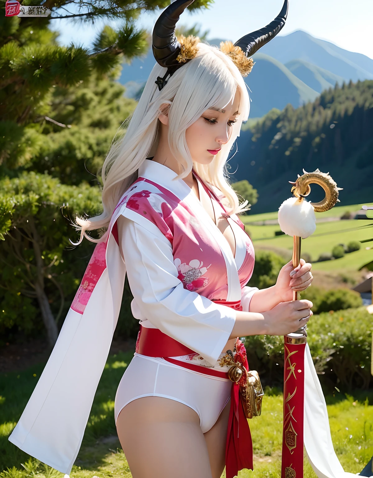Professional , masterpiece、top-quality、photos realistic , depth of fields 、(White bikini armor)、(Mystical expression)、((Fight dragons)),(Wear a beautiful kimono),(Wear a beautiful kimono with colorful floral patterns)、Jewel Gold Weapon、Particles of light),Gorgeous gold weapons ,(( Gorgeous Dragon Sword)) , (Hold the Devil's Hand),,(maikurobikini) 、((White hair))、(Castle background)、(demonic wings)、((Gangle's forest background))、Beautiful Caucasian beauty、1a person、dynamic ungle,(((Two devil's horns on the head)))、Smaller head、Idle Smile、Thin and beautiful female hands、Mystical expression、Light Effects、intense fighting、Wind-effect、magic circles、With the legendary magic wand、Dragon's tail、