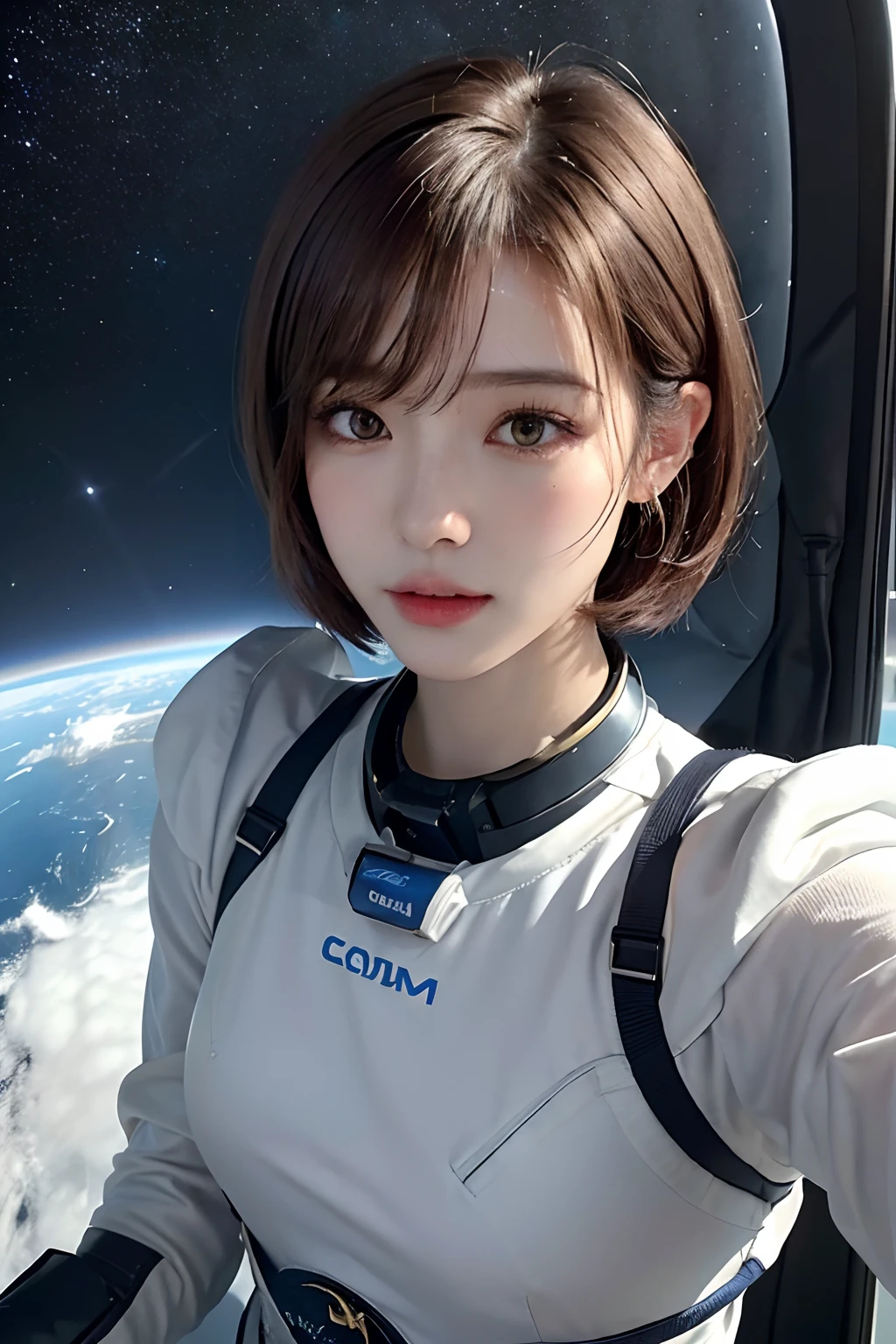 top-quality、masterpiece、超A high resolution、(realisitic:1.4)、Beautuful Women1、Beautiful detail eyes and skin、ssmile、Light brown short-cut hair、The perfect spacesuit、spaceships、cockpit、cosmic space、
