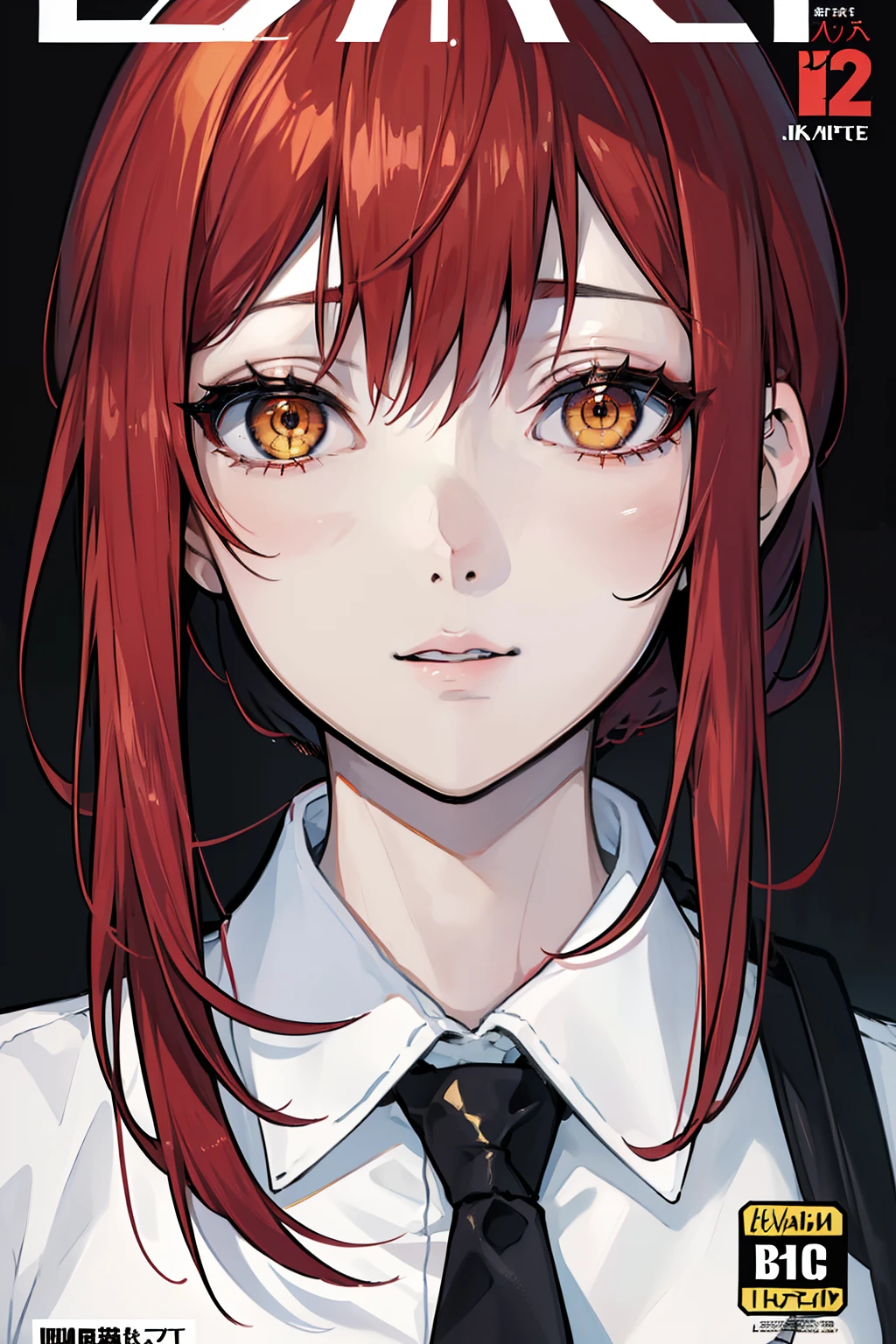 (masuter piece,Best Quality,Ultra-detailed), (A detailed face), portlate, (front-facing view), hight resolution, gazing at viewer, Makima, 1womanl, golden eye, sharp, Red hair, White shirt, Black tie, (magazine:1.3), (cover-style:1.3), a closeup