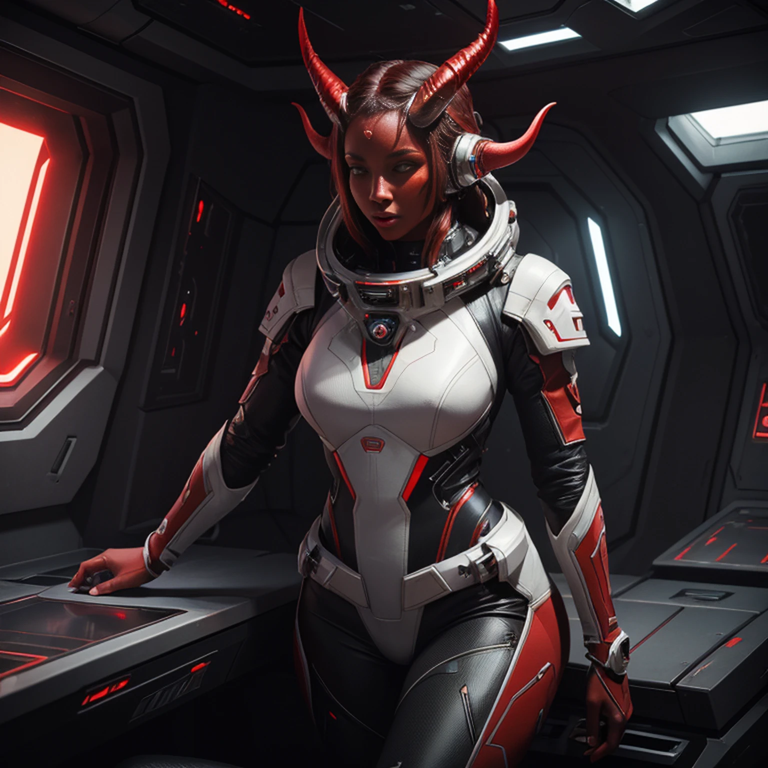 trending on artstation, masterpiece, a woman wearing futuristic spacesuit in a spaceship, (((red skin, horns))), demon, scifi, science fiction, digital art, detailed, atmospheric lighting, dim light