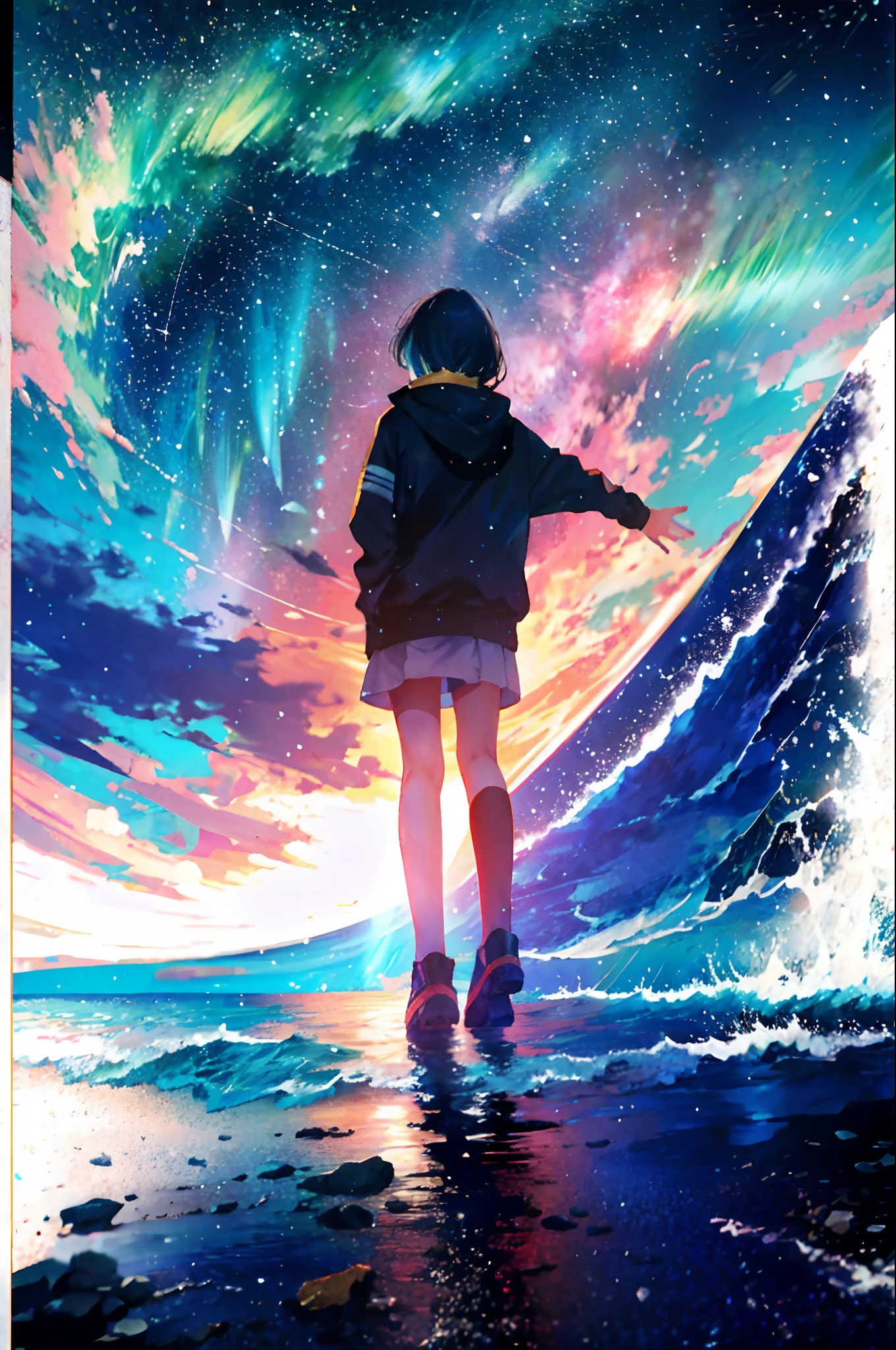 At night, Teenager standing by the sea，Looking up at the starry sky，Full body photo，delicated，nood