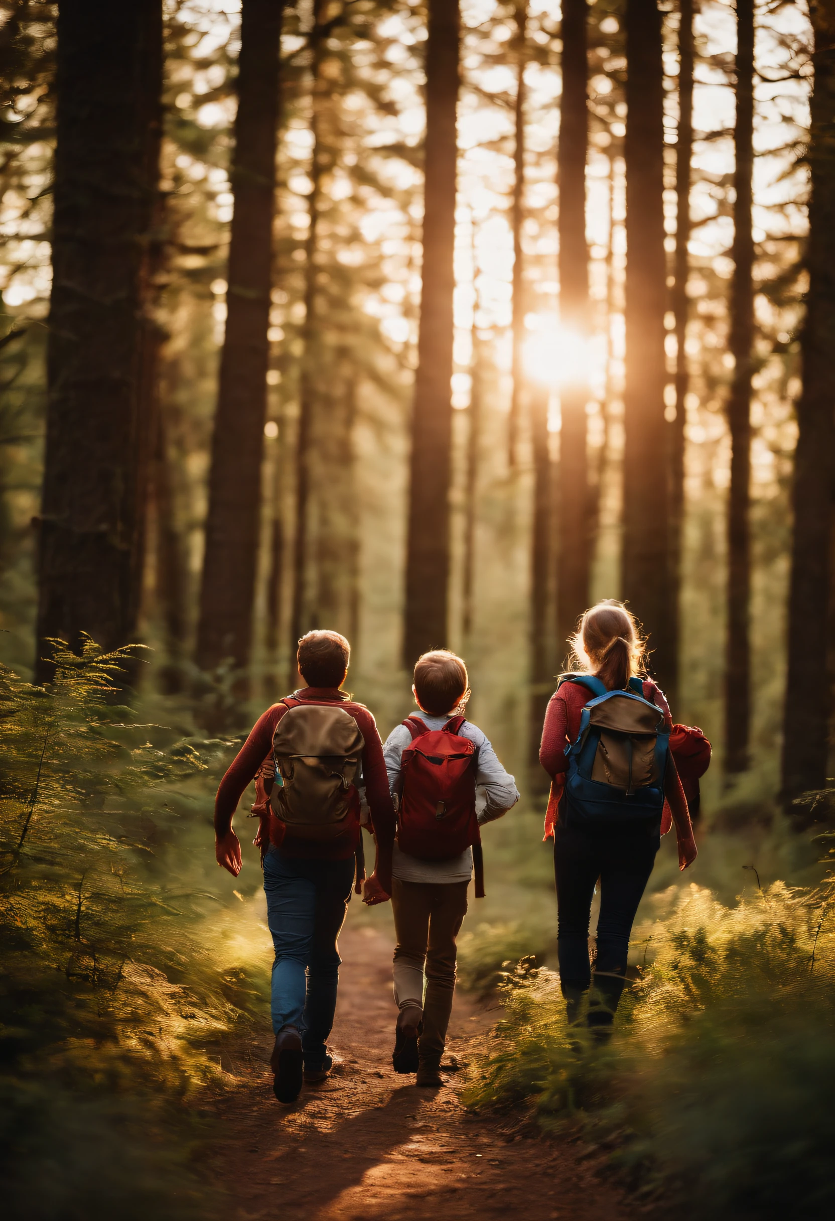 Family exploring, forest, backpacks, Time of Day: afternoon Camera: DSLR Lens: Standard zoom lens