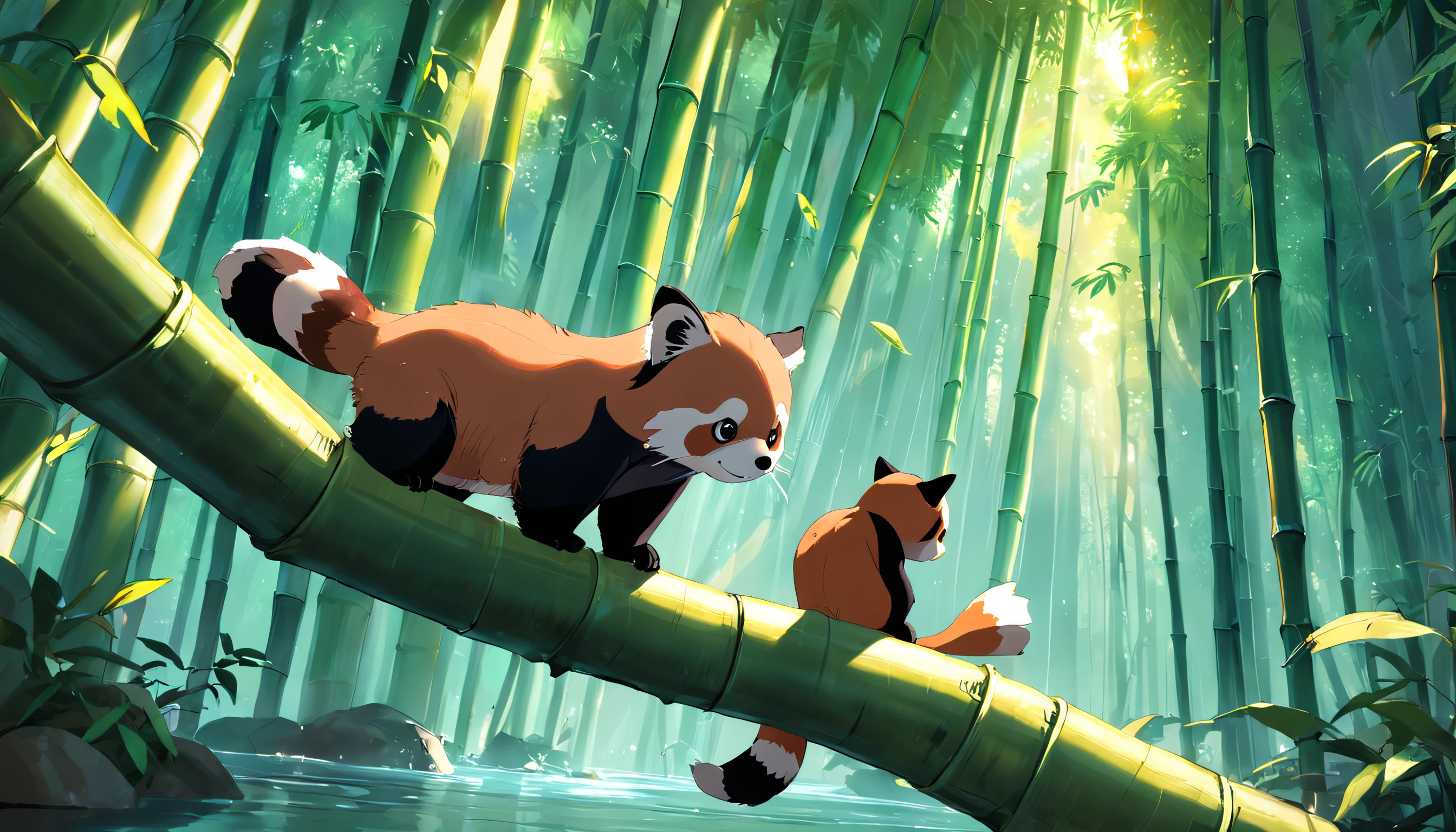 bamboo forrest,A group of red pandas,agility. He is learning how to climb trees and swim. He is also learning how to find food in the forest
