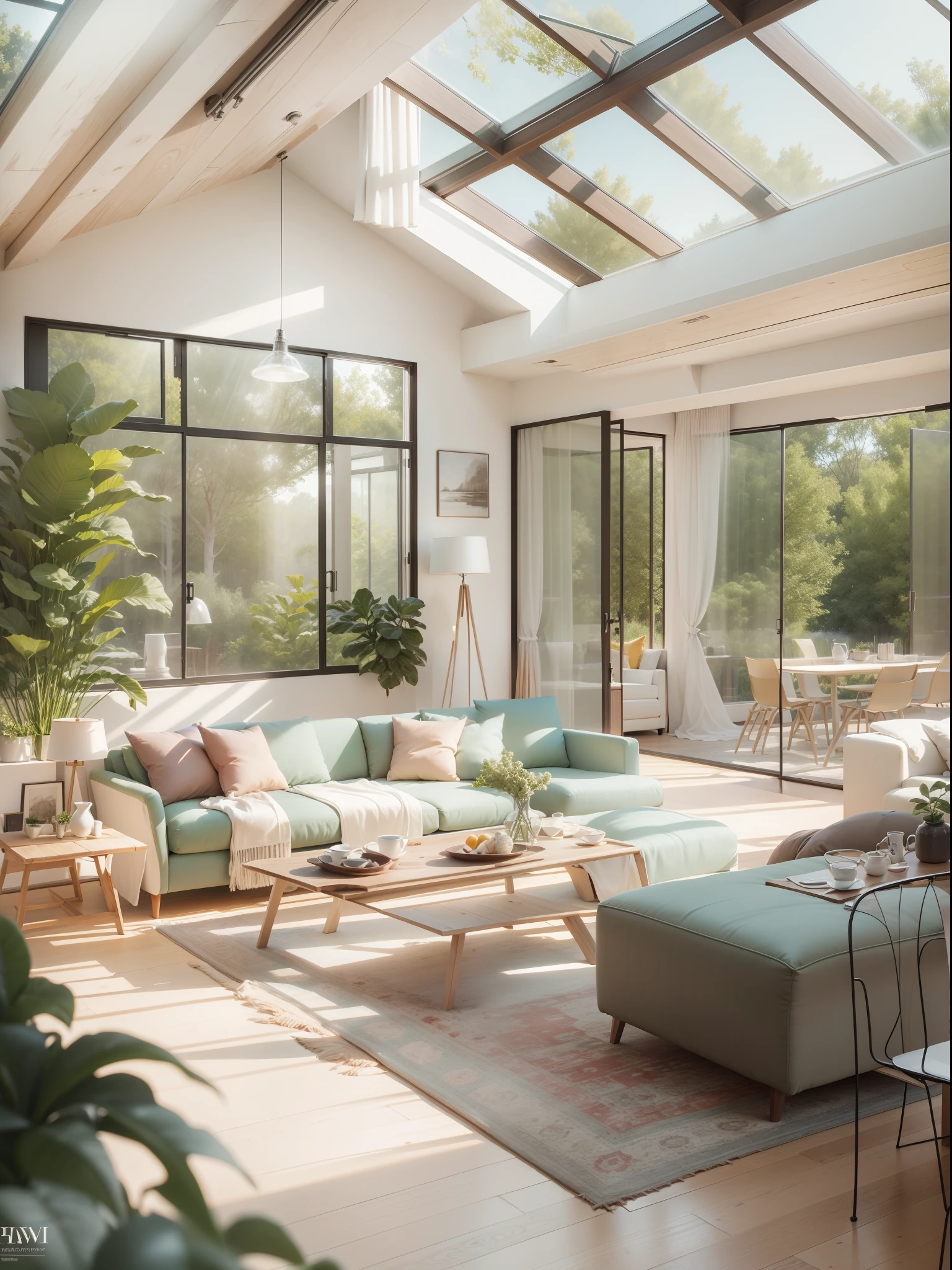 Interior design, Views of living room and kitchen with island, large windows with natural light, Light colors, vegetation, Modern furniture, Skylight, modern minimalistic design, Ultra photo realsisim, Masterpiece, Highly detailed, Digital painting, Best quality, A high resolution, detailed work, Post-processing