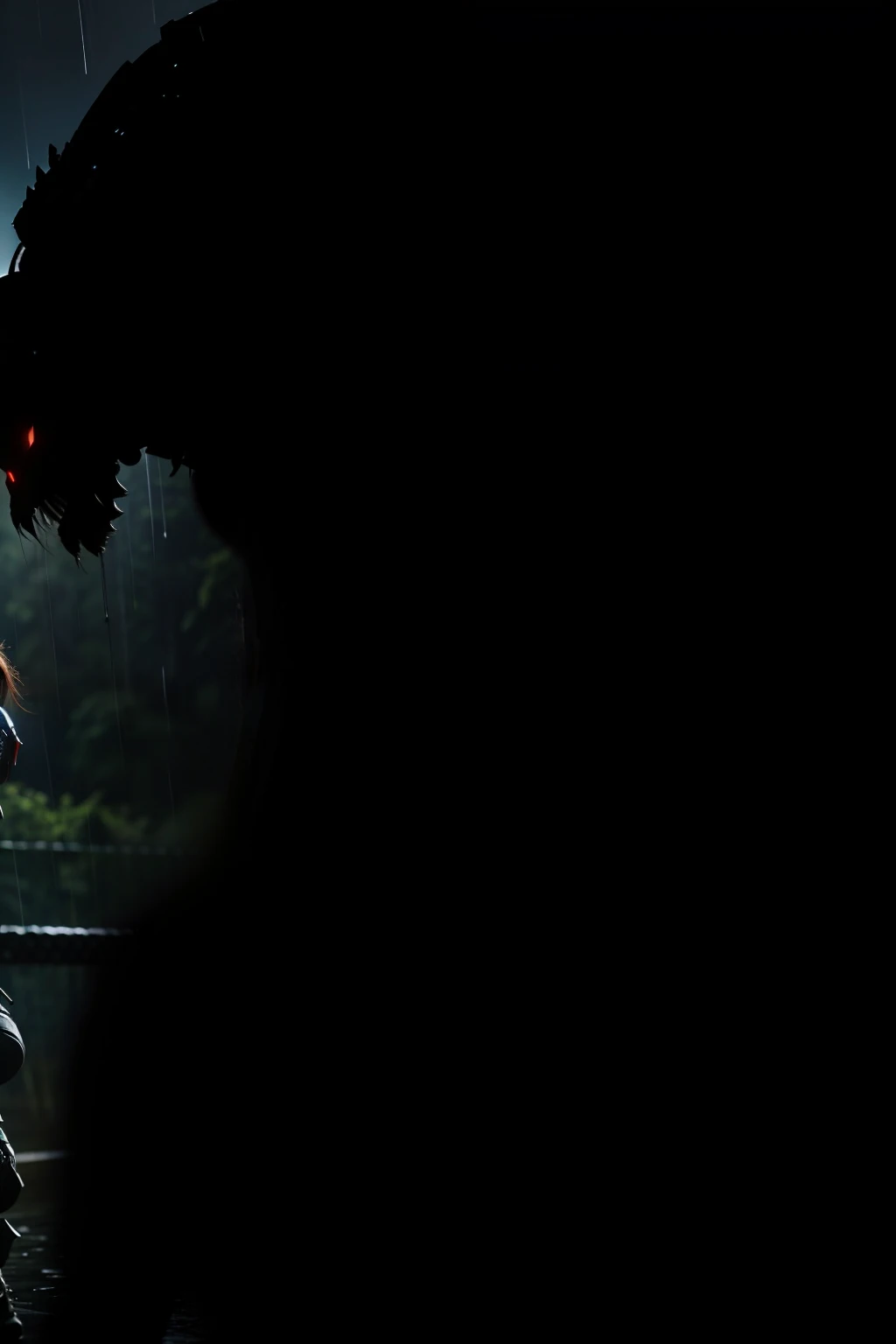 (a girl in combat gear,fighting monsters:intense action,battling with monsters,in a rainy setting),best quality,ultra-detailed,realistic,vivid colors,professional,bokeh,illustration