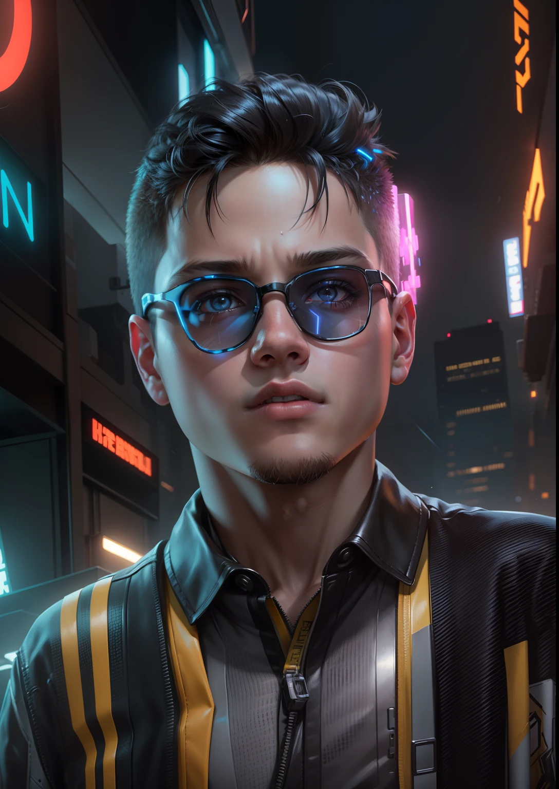 Create an ultra-realistic image of a young boy with a cyberpunk-themed background. Ensure that the boy's face is highly detailed and realistic, capturing every facial nuance and expression, while making him look handsome and in line with the cyberpunk aesthetic.