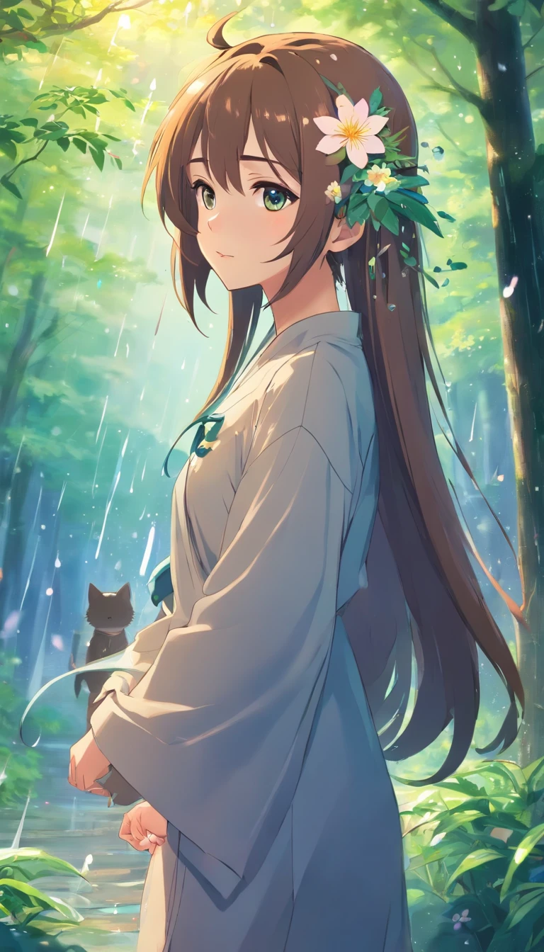 anime girl with long hair and flower in her hair, Beautiful anime artwork, style of anime4 K, Anime art wallpaper 4k,Rainy days,janelas,the woods,Rain drops,Cat ear hair accessories。