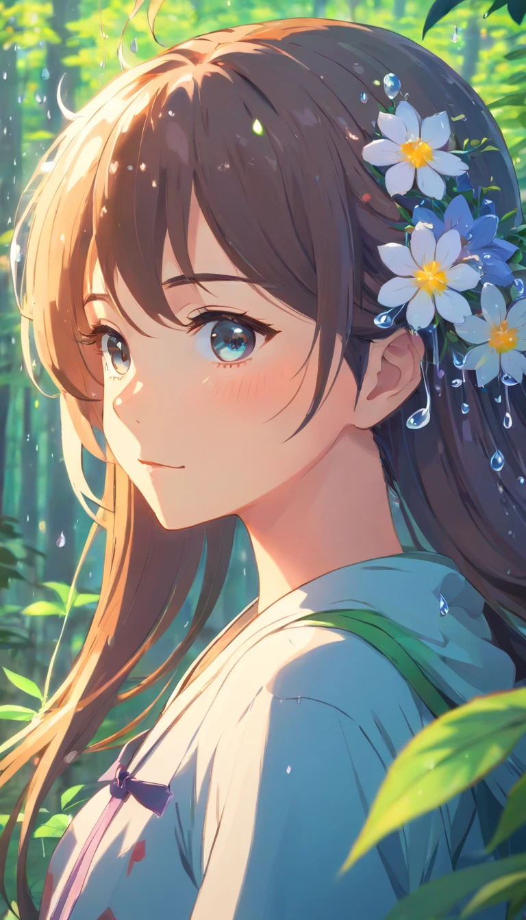 anime girl with long hair and flower in her hair, Beautiful anime artwork, style of anime4 K, Anime art wallpaper 4k,Rainy days,janelas,the woods,Rain drops,Cat ear hair accessories。