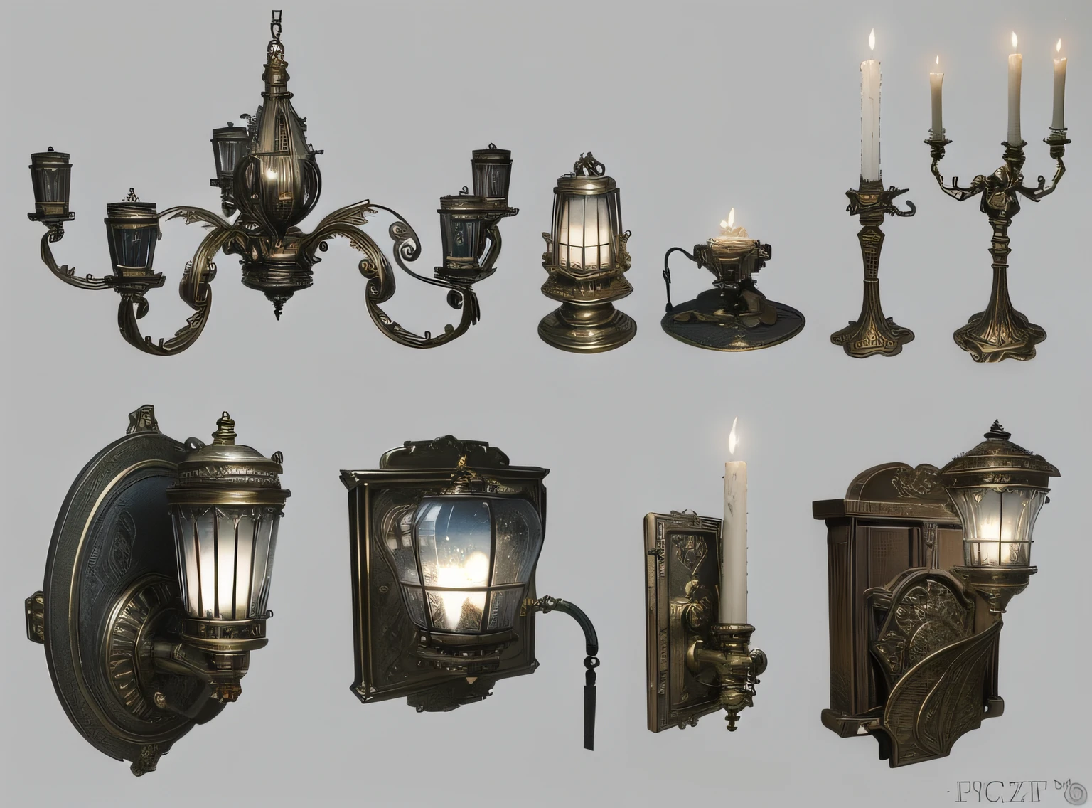 Close-up of a set of different lights on the wall, Various lighting atmospheres, Gothic lighting, detailed lighting and textures, Detailed textures and lighting, fantasy atmospheric lighting, ambient lighting highly detailed, The object is well lit, high res eautiful lighting, Ancient. Atmospheric lighting, object concept art, steampunk setting, sconces, light fixtures, light fixtures, Stylized lighting