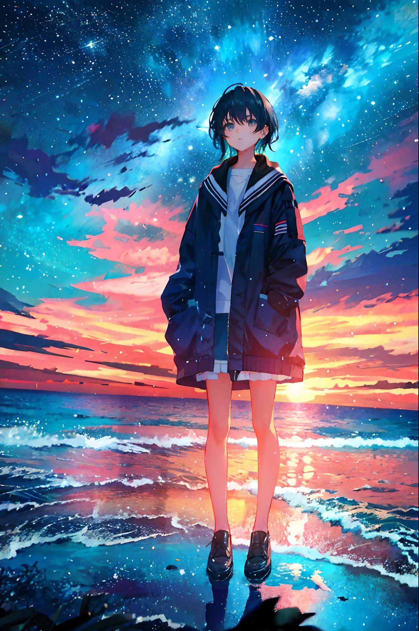 At night, Teenager standing by the sea，Looking up at the starry sky，Full body photo，delicated，nood