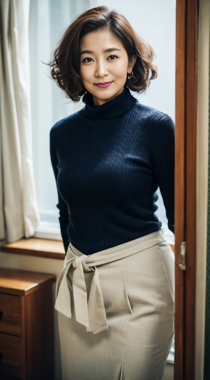 ((Best Quality, 8K, Masterpiece, Portrait: 1.3)), (View Viewers), Photorealism, Sharp Focus, Solo, Japanese MILF, Beauty, Clothes with Cleavage View, 30 Years Old, Curly Hair, Wrinkles around the eyes, turtleneck sweater ((Standing on One Leg)), room,