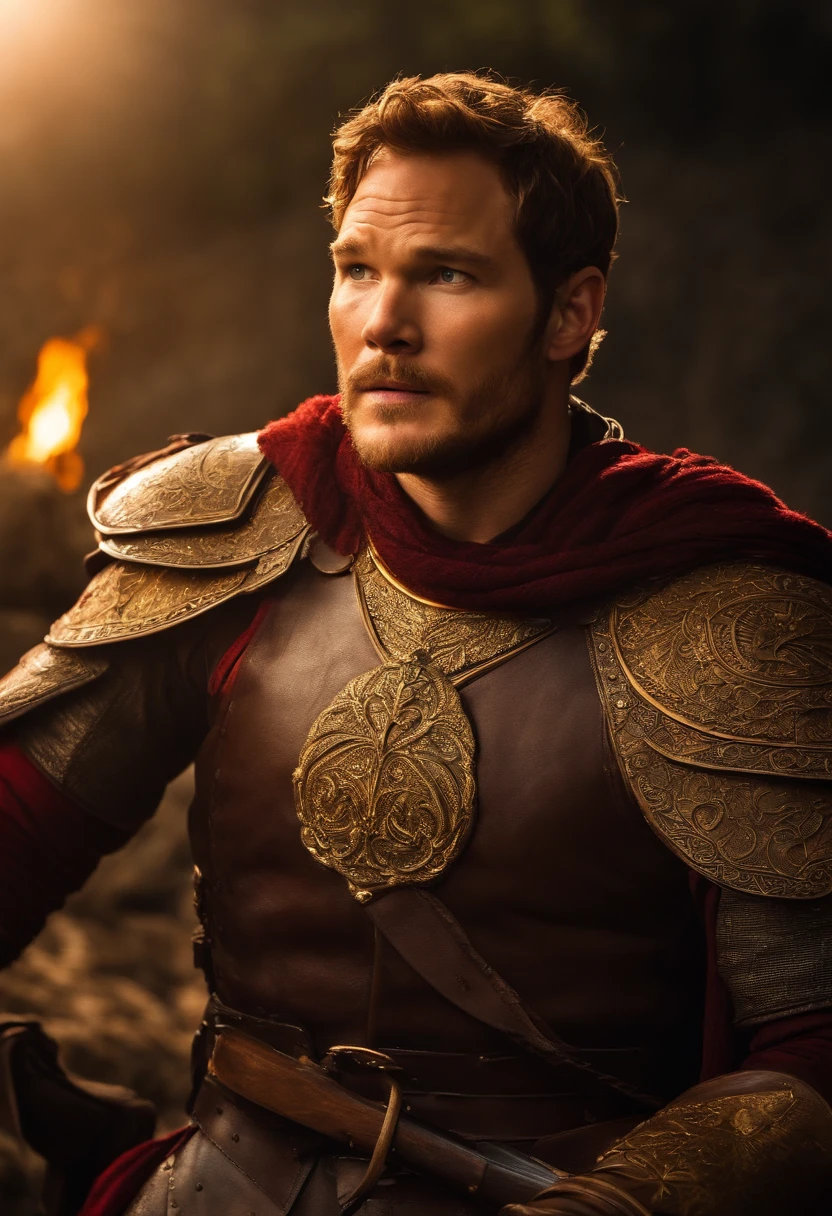 Chris pratt como um soldado do sol, guerreiro dourado. Estandartes do sol. Chris pratt com olhar vidrado.  Fantasia medievalesca.