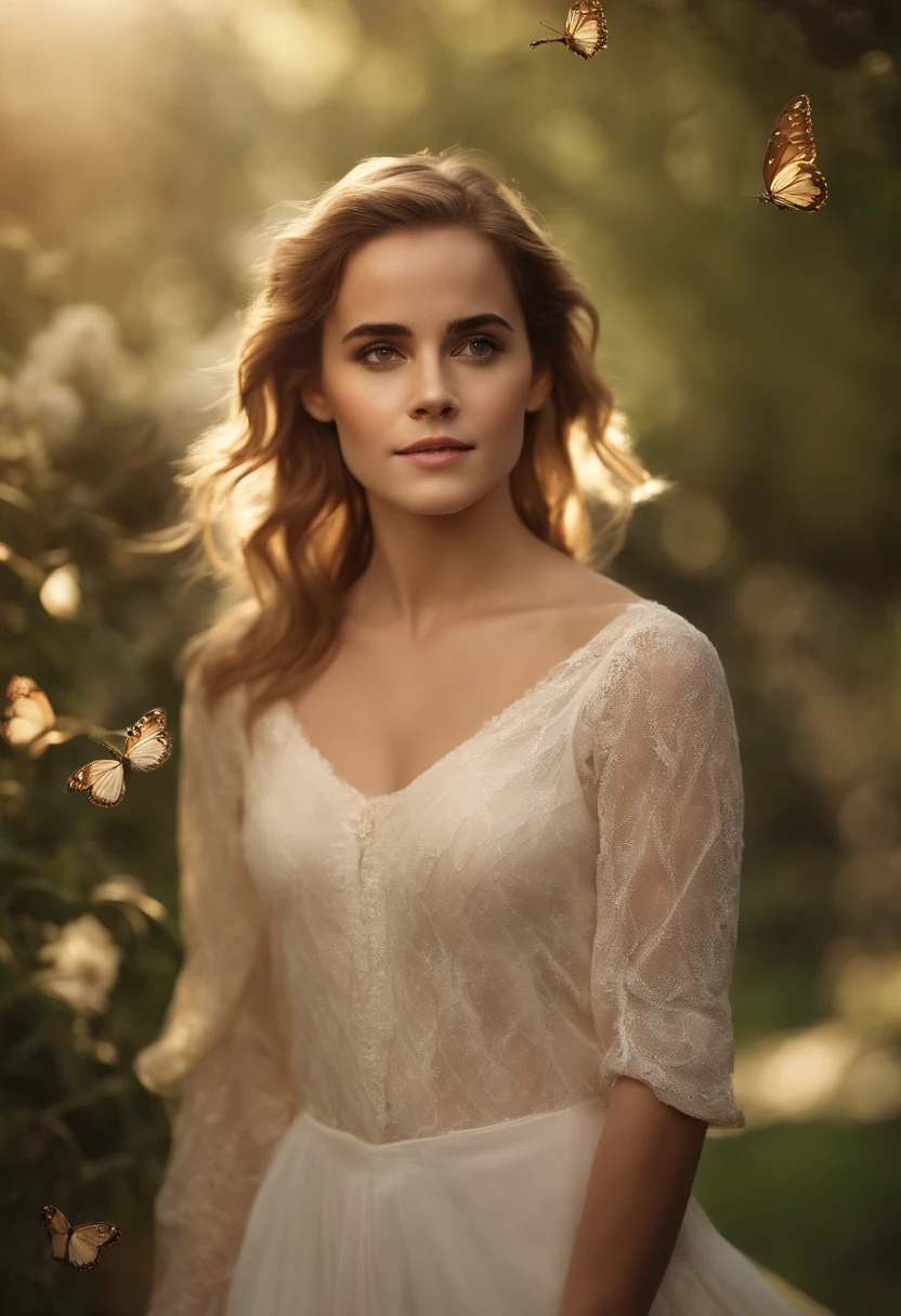 ((Emma Watson)), fluffy, low cut neckline, seductive, cowboy shot, 8k, (very thin waist:1.3), huge breasts, (big breasts:1.5), (Long Hair:2.0), wave, soft skin, long hair in the wind, Fantasy beauty Lake