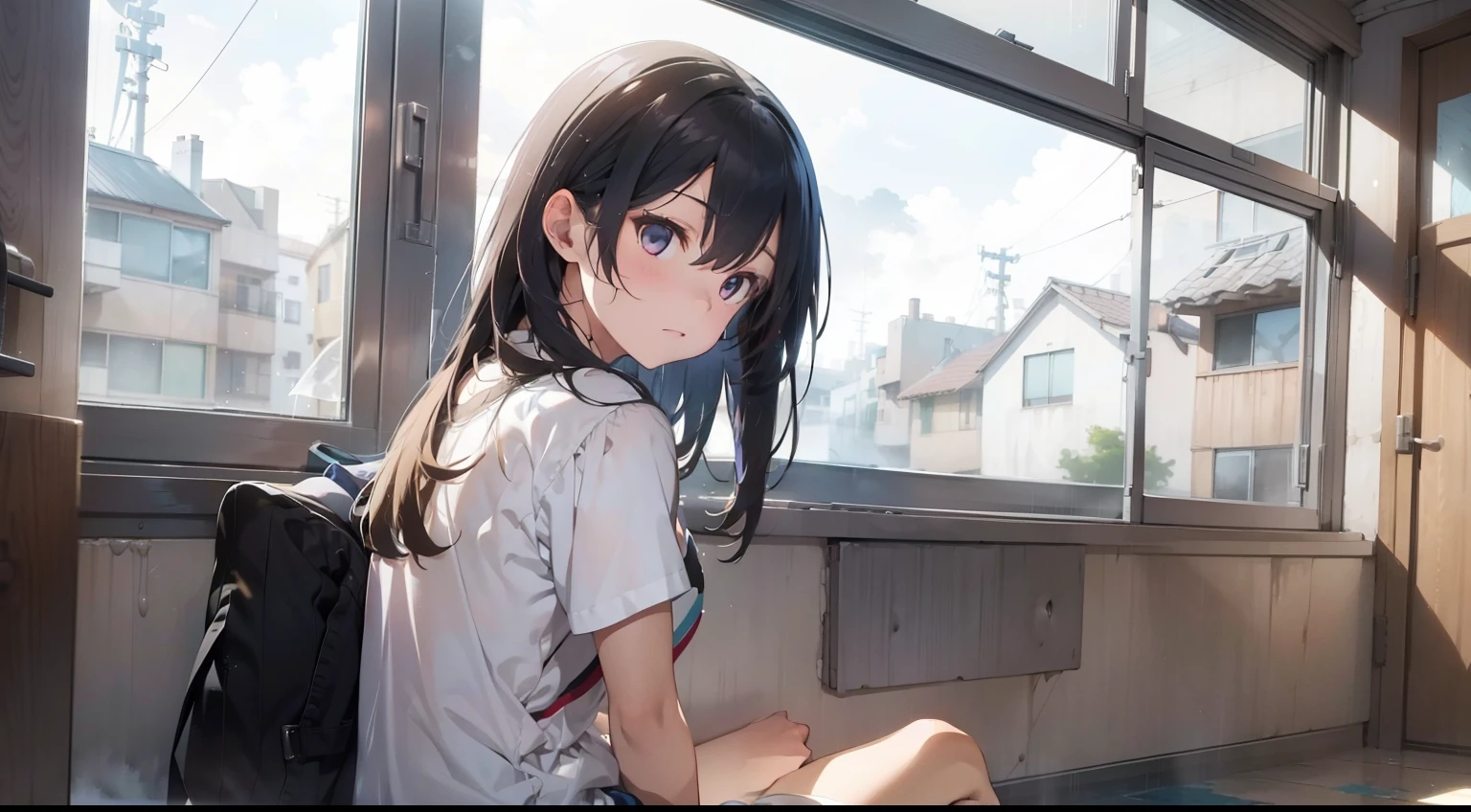 A girl sits on the floor of the room，From the window of the room, You can see that it is raining lightly outside, Foggy when near the ground，brunette color hair，Back against the wall，And hold your legs with your hands，plethora of colors，Masterpiece，high detal，Estilo de Makoto Shinkai。