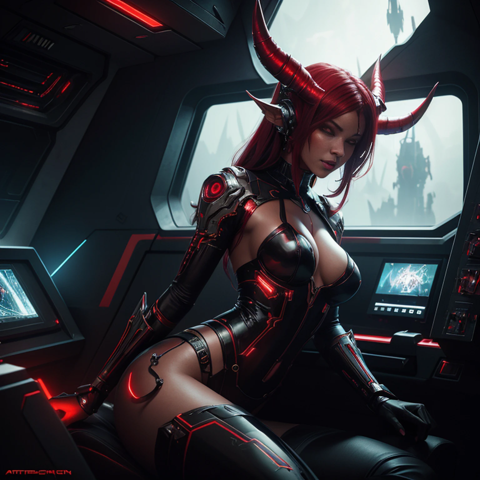 trending on artstation, masterpiece, a sexy cyborg succubus in a spaceship, red skin, horns, demon, scifi, science fiction, digital art, detailed, atmospheric lighting, dim light
