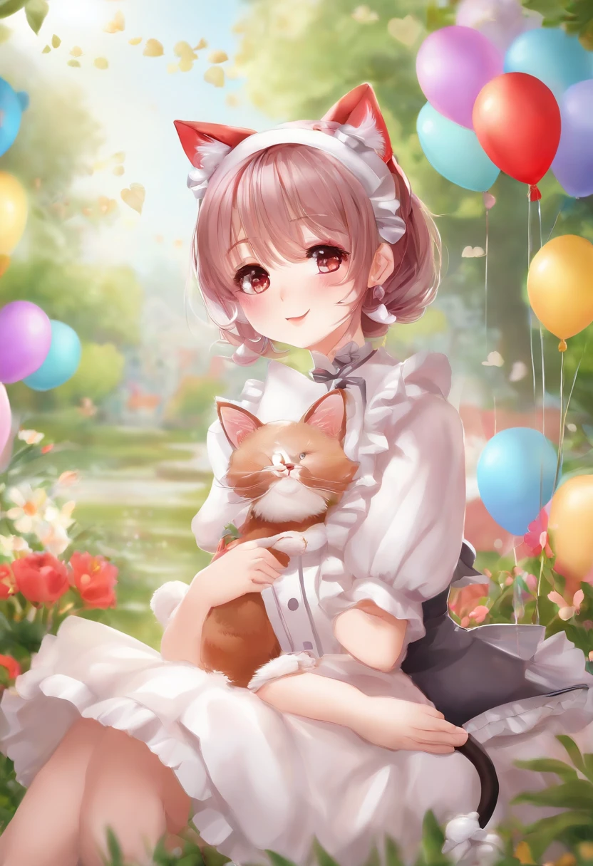 ren、1 girl in、Wearing maid clothes、colourful hair、Twin-tailed、O cabelo multicolorido、On the head are cat ears、Have beautiful eyes、Red Eyes、beautidful eyes、Colorful eyes、perfect  eyes、Same eyes、colorful illustration、Vivid paintings、There are many heart-shaped balloons around、Have a bouquet