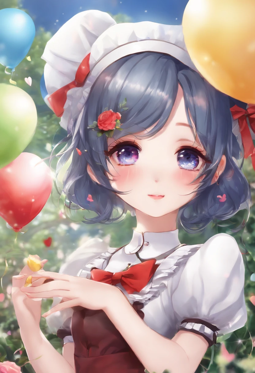 ren、1 girl in、Wearing maid clothes、colourful hair、Twin-tailed、O cabelo multicolorido、On the head are cat ears、Have beautiful eyes、Red Eyes、beautidful eyes、Colorful eyes、perfect  eyes、Same eyes、colorful illustration、Vivid paintings、There are many heart-shaped balloons around、Have a bouquet
