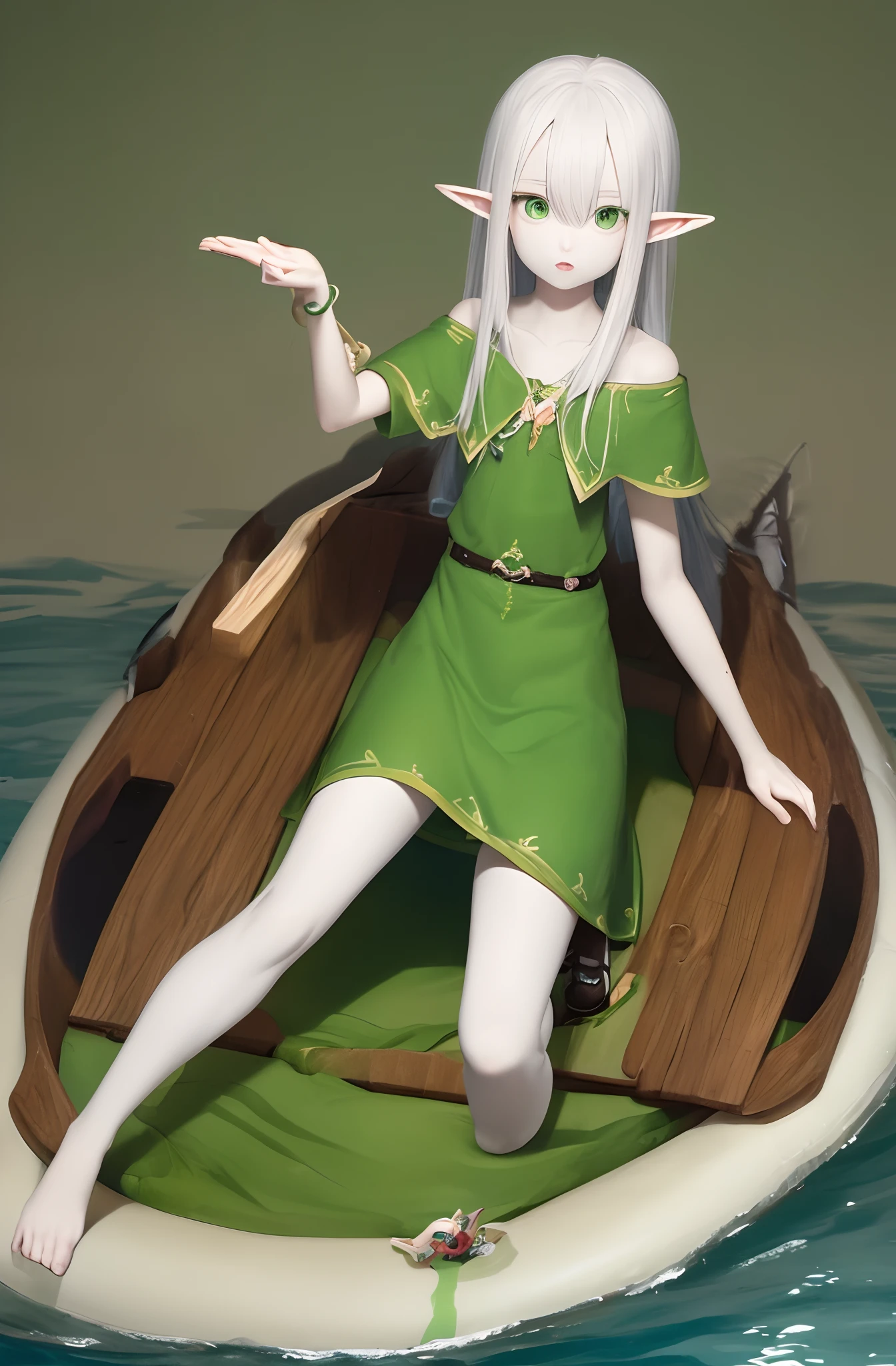 green-eyed,White skin,whaite hair,Green dress,the elf,Kizi,afloat,
