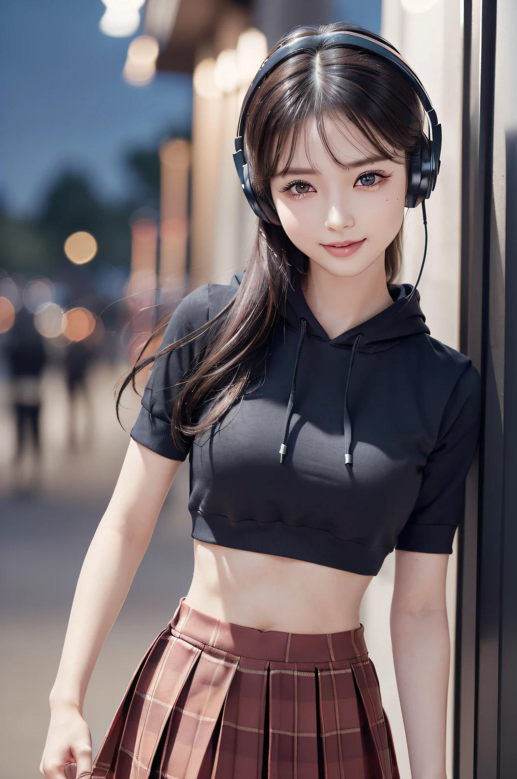A extremely Cute and Beautiful Pictures of Japan Woman, (22 years old: 1.1), ((cowboy shot:1.3)), ((soft bar lighting: 1.3), (Backlight: 1.3), Full Body Lighting, (face soft lighting), Look Straight, Cinematic Angle, Graceful standing, (arms behind back:1.3), (((night situation:1.5))), (walking and singing at night park:1.3), (attractive:1.3), (wearing a headphone:1.5), Blake, punk look:1.3, (black crop-top hoodie:1.3, plaid-pattern box-pleats-skirt:1.3), knee-high-over-boots:1.3, BREAK, (dark brown eyes, beautiful eyes, princess eyes), (shiny-black hair:1.3, Hepburn style chignon hair:1.3, bangs, hair between eyes, medium-length hair), (slender, abs), (medium breasts:0.95), (thin waist:1.25), solo, (parted lips, pink glossy lips), (beautiful clean skin), (seductive princess smile: 1.25, closed mouth:1.2), (4fingers and thumb:1.3, perfect human hands. detailed human hands), BREAK, (Realistic, Photorealistic: 1.37), (Masterpiece, Best Quality: 1.2), (Ultra High Definition: 1.2), (RAW Photo: 1.2), (Sharp Focus: 1.3), (Face Focus: 1.2), (Ultra Detailed CG Unified 8k Wallpaper: 1.2), (Beautiful Skin: 1.2), (Pale Skin: 1.3), (Hyper Sharp Focus: 1.5), (Super Sharp Focus: 1.5), (Beautiful Face: 1.3), (Ultra Detailed Background, Detailed Background: 1.3), (perfect female body), ((frame the head:1.3)), perfect anatomy, perfect proportions, 8.5 life-size, face focus, ultra-realistic photos, ultra-clear images, ultra-detailed images,