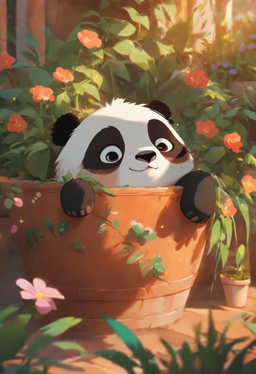 A cute panda lying on his stomach in a flower pot,has big eyes,Blushlush,Lazy,greet,high detal