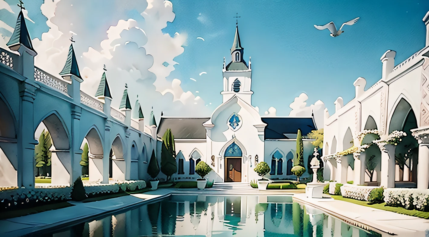 Top quality，Watercolor dream，Towering white church，White roses，White fountain pool with white swans