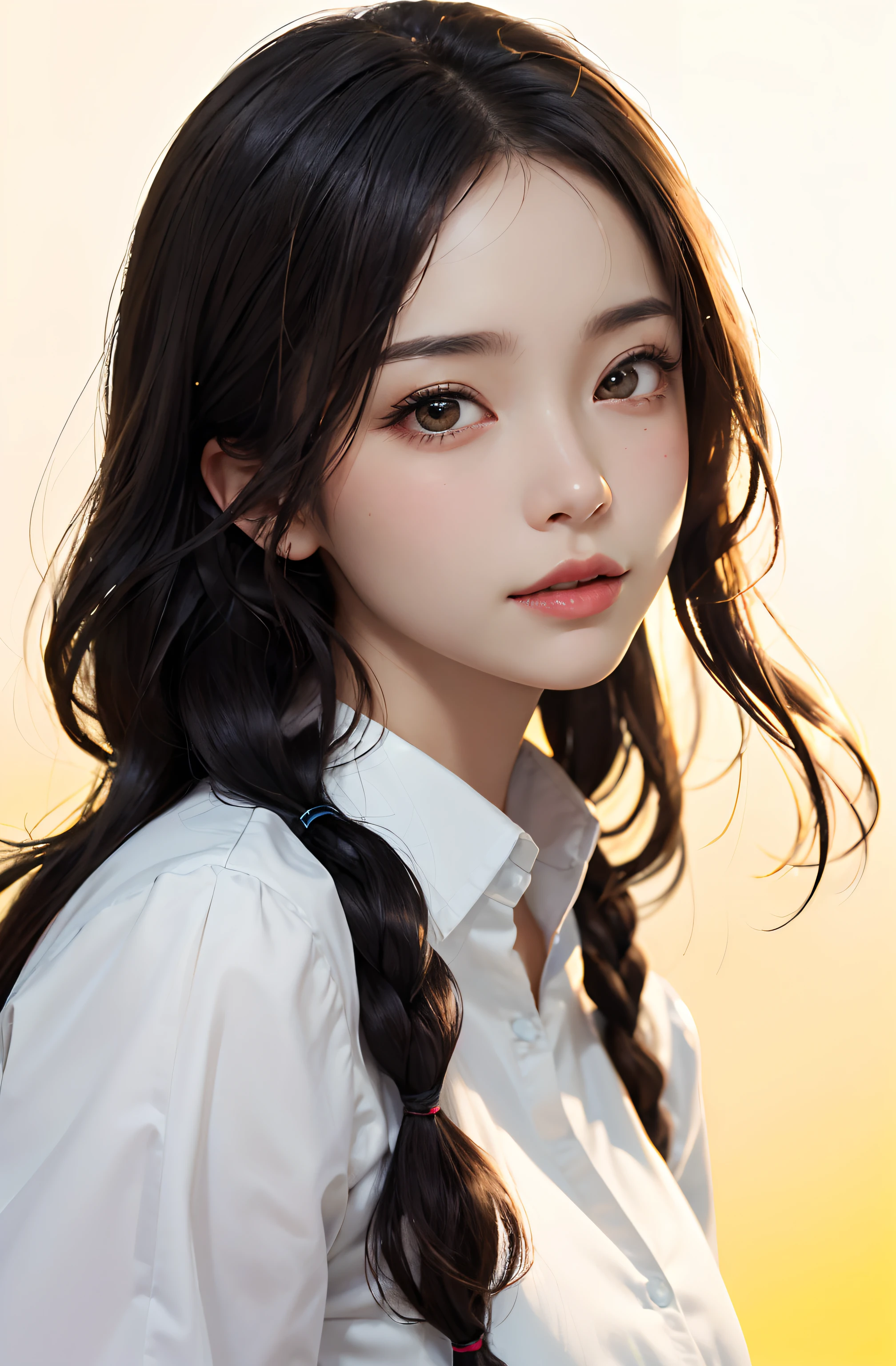 masterpiece, top-quality, 32K, absurderes, (The upper part of the body:1.4), white shirt, Black hair fringe long hair、Braided hair、disheveled hair、Light brown eyes、beautiful a girl, Clean face, looking at the viewers, A smile, A hyper-realistic, hight resolution, a picture, film grains, chromatic abberation, foco nítido, nffsw, face lights, Dynamic lighting, (电影灯光:1.1), (Professional Shadows:1.1), simple background, (Dull yellow background:1.4), highestdetailed, ighly detailed, ultra-detailliert, finely detail, authentic skin, delicated facial features, detailed faces and eyes, Sharp pupils、Realistic pupils、(Glossy lips:1.4)