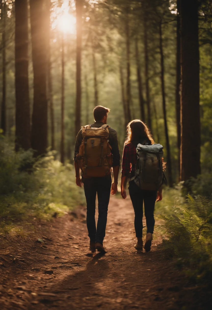 Couple exploring, forest, backpacks, Time of Day: afternoon Camera: DSLR Lens: Standard zoom lens