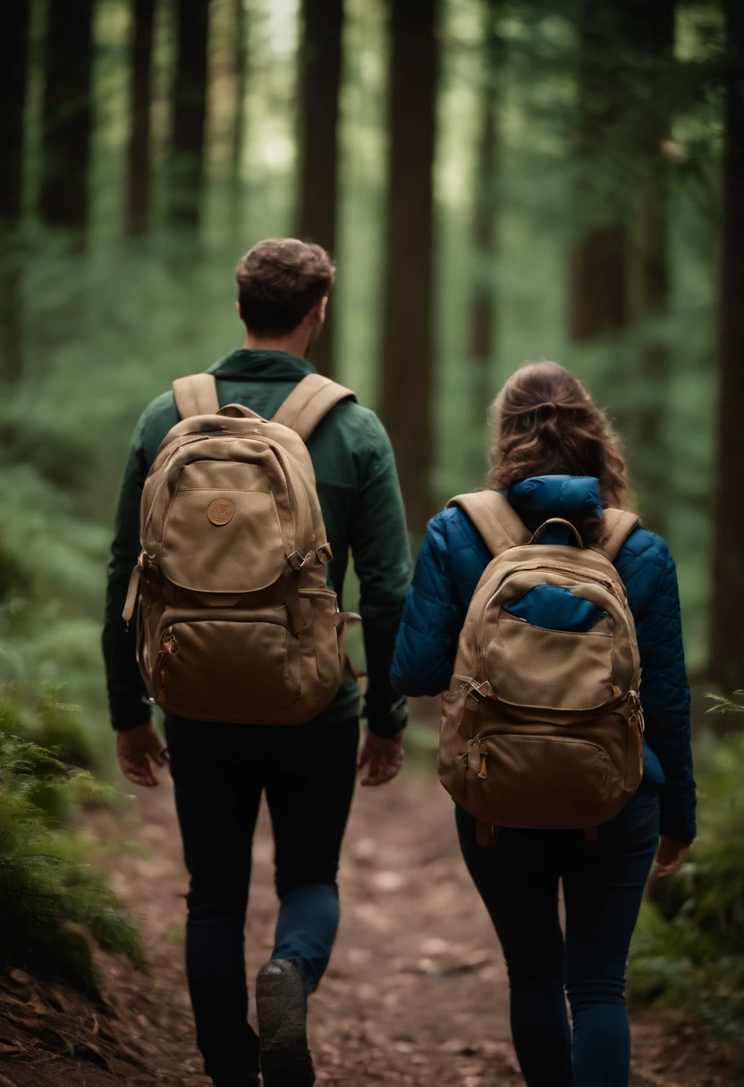 Couple exploring, forest, backpacks, Time of Day: afternoon Camera: DSLR Lens: Standard zoom lens