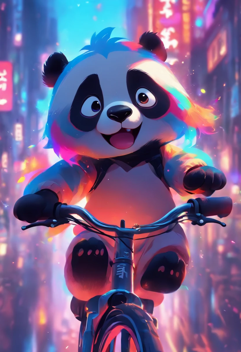 A cute panda is riding a bike，has big eyes，Blushlush，Lazy，greet，high detal