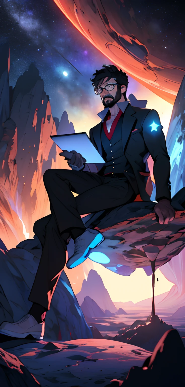 Draw a young programmer, sitting on a research platform floating in the middle of an asteroid belt. He have a glasses which colour should be white, He is studying with a laptop, surrounded by several asteroids glowing with fiery auras. Dramatic lighting from distant stars and planets illuminates the scene, casting deep shadows on the suit. The young man looks confident and determined, looking at the vast and mysterious universe with wonder and respect,facial hair, cowboy shot,