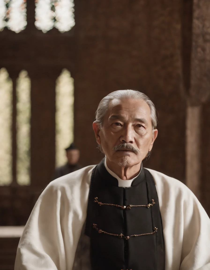 Immortals。Immortal,Temple,Meditate,Prayer beads,stately,a old man。white mustache,a cassock