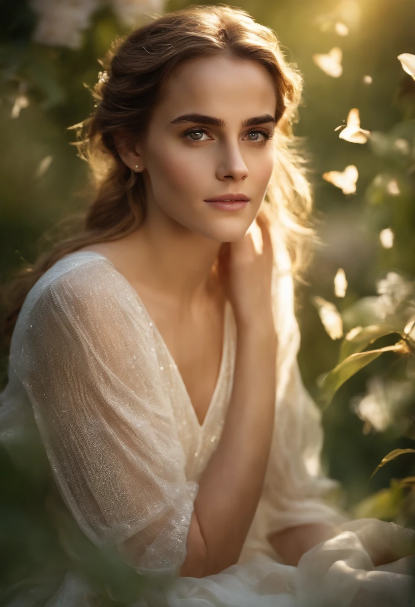 Emma Watson yo (best quality,4k,highres,masterpiece:1.2),ultra-detailed,realistic:1.37,Emma Watson wet translucent long T-shirt,beautiful detailed eyes,beautiful detailed lips,extremely detailed eyes and face,long eyelashes,gorgeous appearance,fresh and vibrant,shimmering droplets on the T-shirt,clear reflection on the wet texture,slightly flushed cheeks,eyebrows neatly shaped,natural flowing hair,wet strands clinging to the cheeks and neck,confident and playful expression,in a lush garden surrounded by blooming flowers,golden sunlight spilling through the leaves,soft and dreamy atmosphere,lush green grass and vibrant foliage,gentle breeze blowing through the garden,sparkling water droplets on the flower petals,butterflies fluttering around,bringing a touch of magic and elegance to the scene,colours: soft pastel tones with a hint of warmth and brightness,illuminated by the sunlight from above,creating a subtle glow on the skin,directing the viewer's focus to Emma's enchanting beauty,artistic style:photography,highlighting the natural elegance and allure of the subject,lighting:soft and diffused,emphasizing the delicate features and gentle emotions of Emma Watson,wisps of sunlight filtering through the trees,casting subtle shadows and adding depth to the composition.